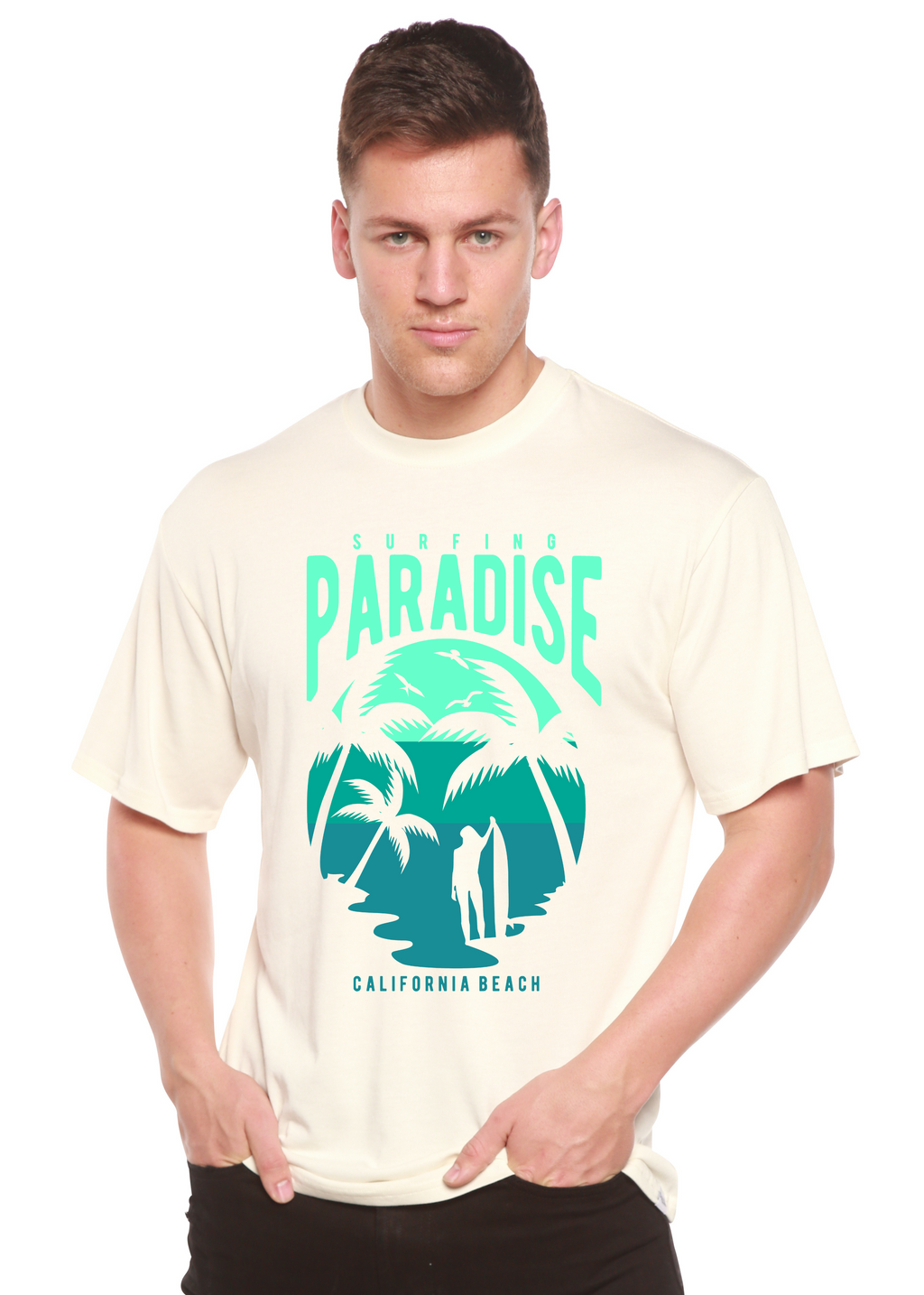 Camiseta gráfica de manga corta de viscosa de bambú y algodón orgánico para hombre Surfing Paradise California Spun Bamboo®
