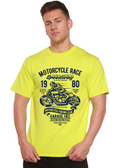 Camiseta gráfica de manga corta de viscosa de bambú y algodón orgánico para hombre con diseño de motos de carrera
