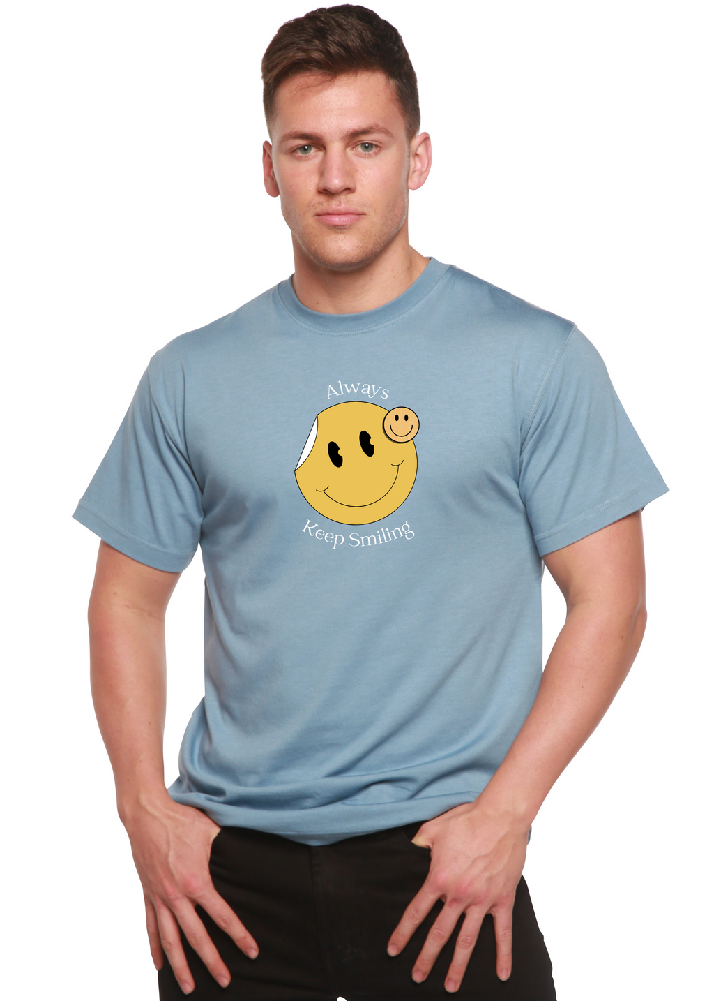 Camiseta gráfica de manga corta para hombre "Always Keep Smiling" de bambú viscosa/algodón orgánico
