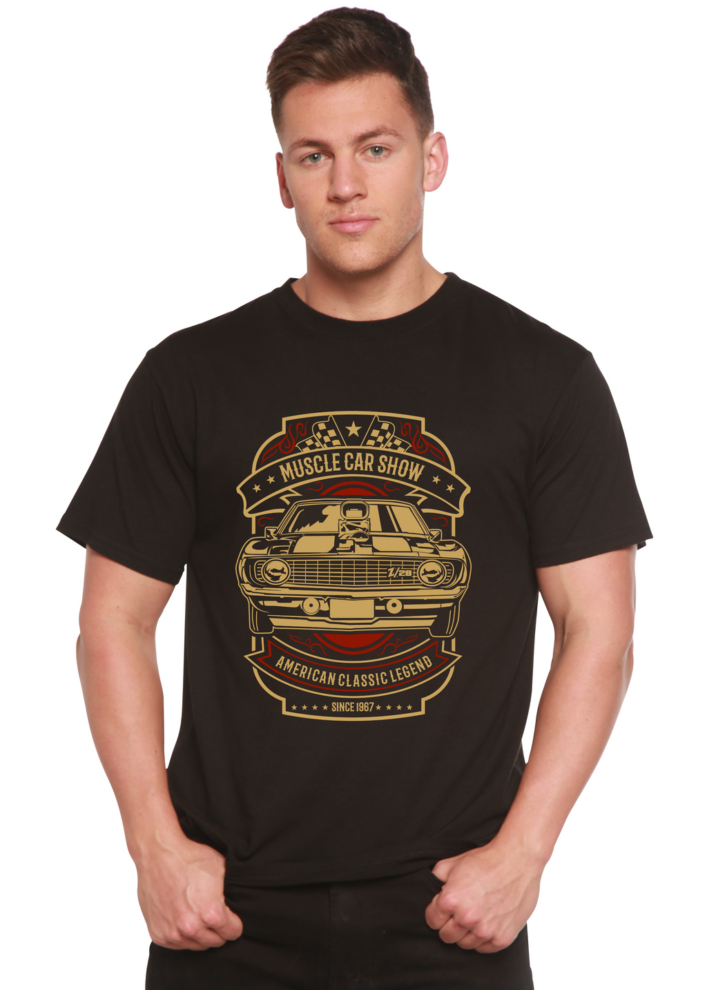 Camiseta gráfica de manga corta de bambú/algodón orgánico de viscosa de bambú Spun Bamboo® para hombre - Exposición de autos potentes