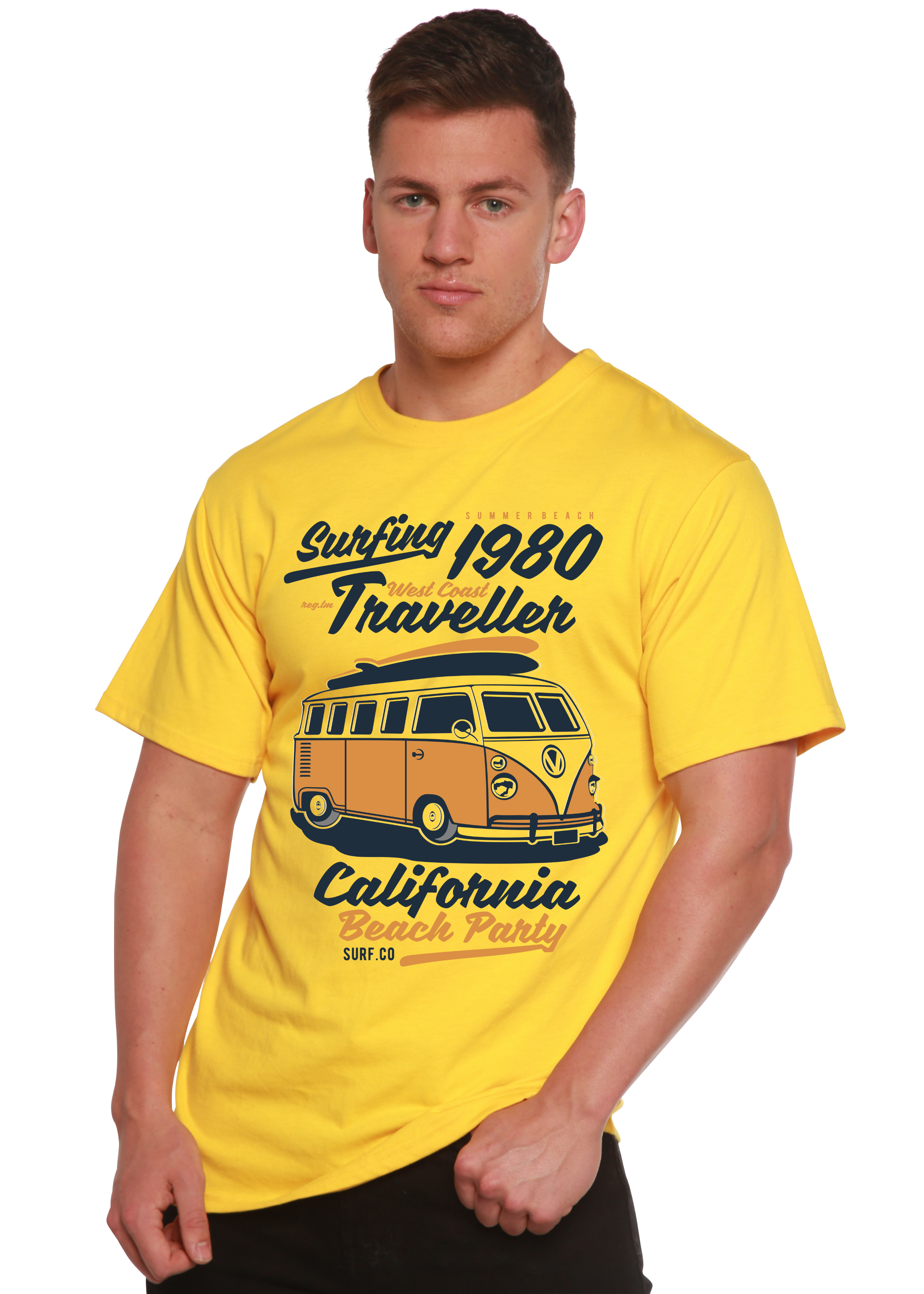 Camiseta gráfica de manga corta de viscosa de bambú/algodón orgánico para hombre Spun Bamboo® "Surfing 1980"