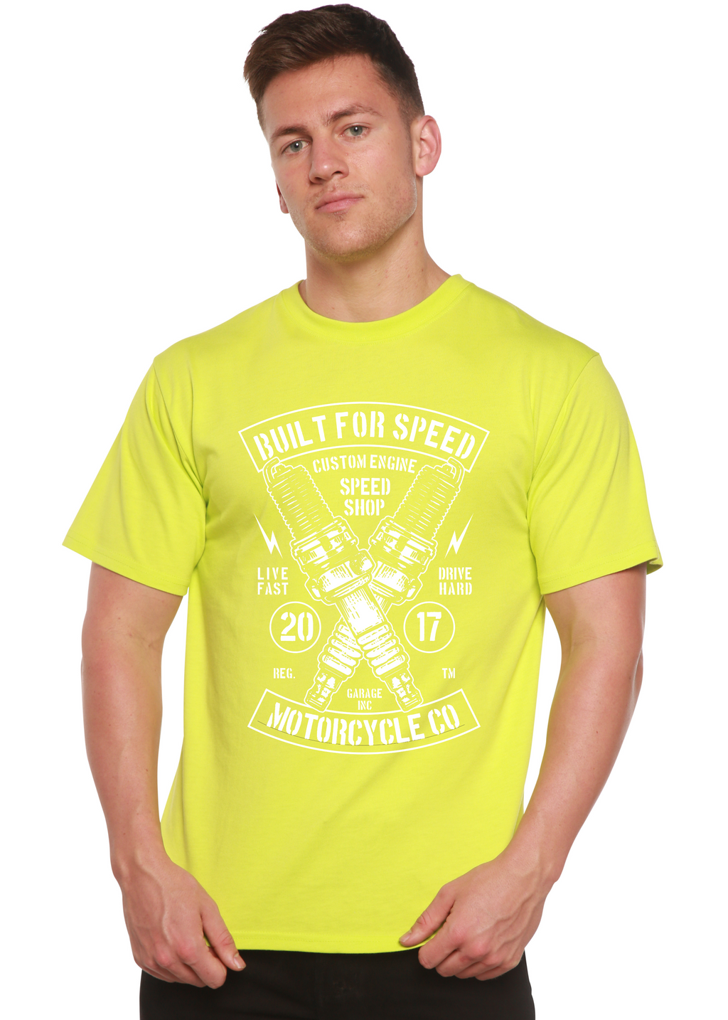 Camiseta gráfica de manga corta de viscosa de bambú/algodón orgánico "Built For Speed" para hombre