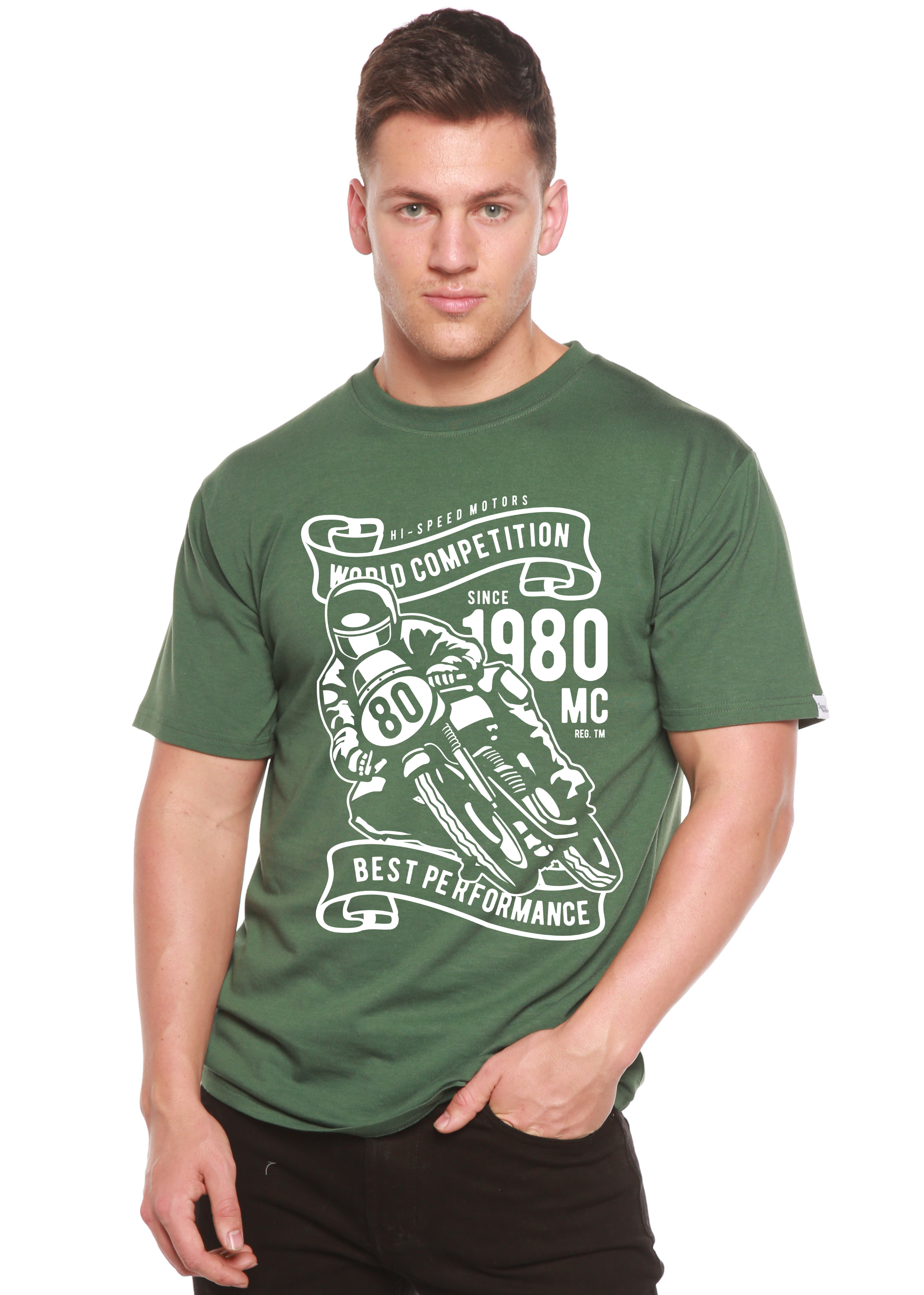 Camiseta gráfica de manga corta de viscosa de bambú y algodón orgánico para hombre World Competition