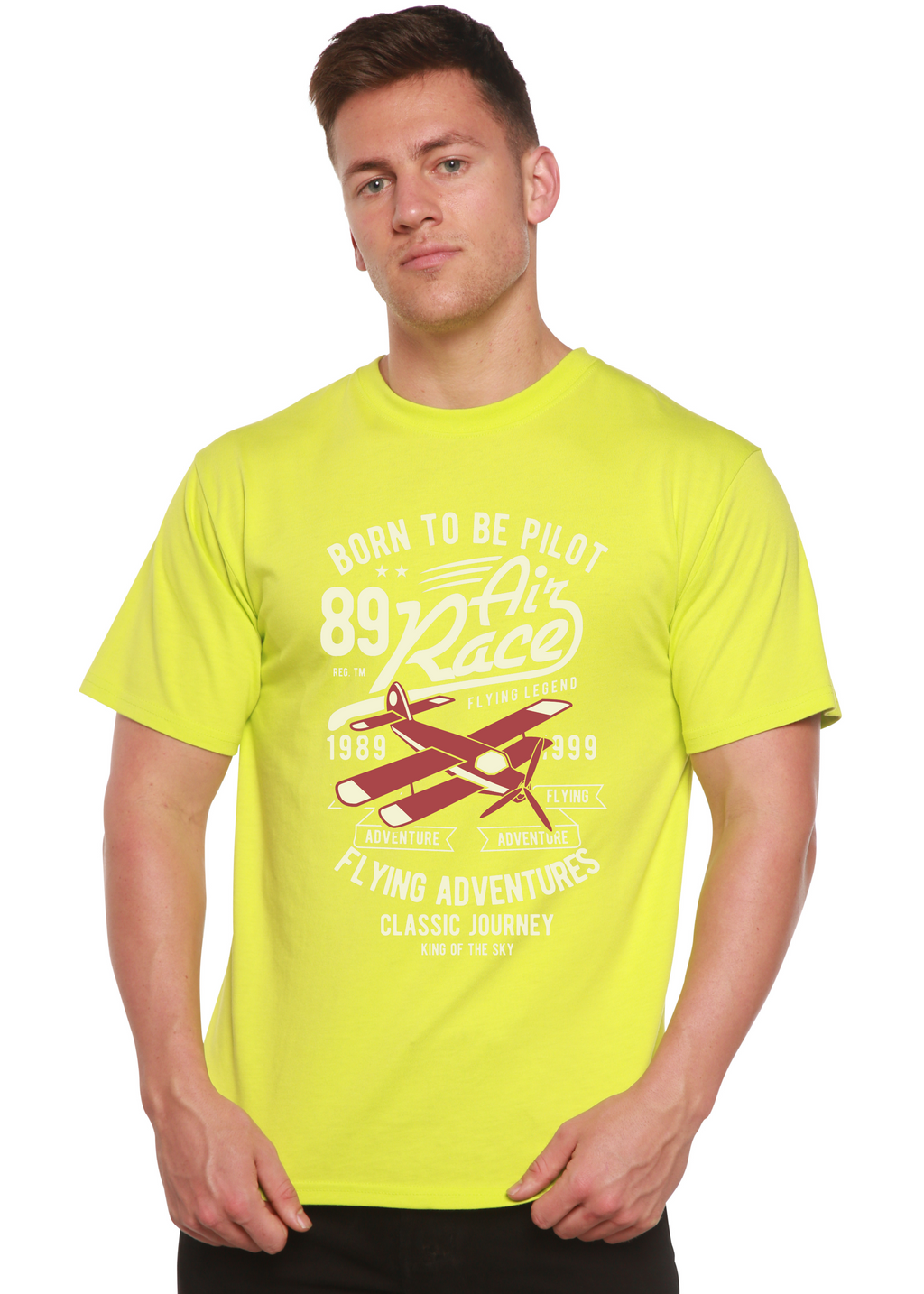Camiseta gráfica de manga corta para hombre "Born To Be Pilot" de viscosa de bambú/algodón orgánico