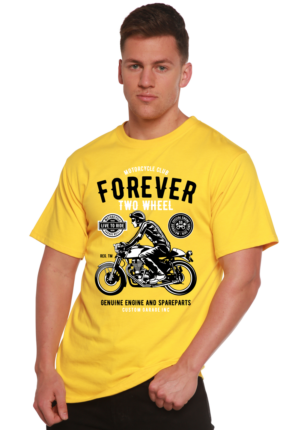 Camiseta gráfica de manga corta de viscosa de bambú/algodón orgánico Forever Two Wheel para hombre