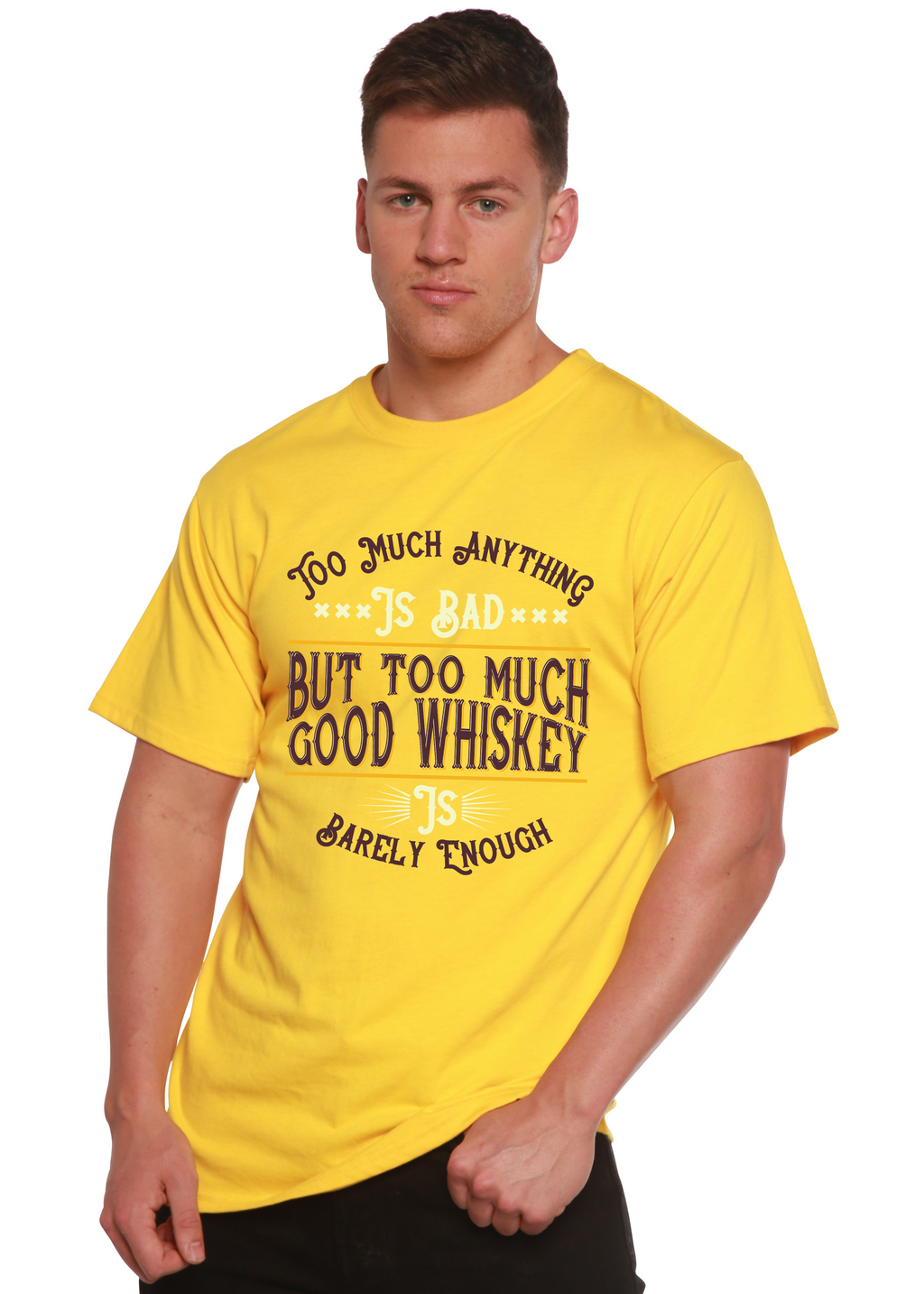 Camiseta gráfica de manga corta para hombre "But Too Much Good Whiskey" de bambú viscosa/algodón orgánico