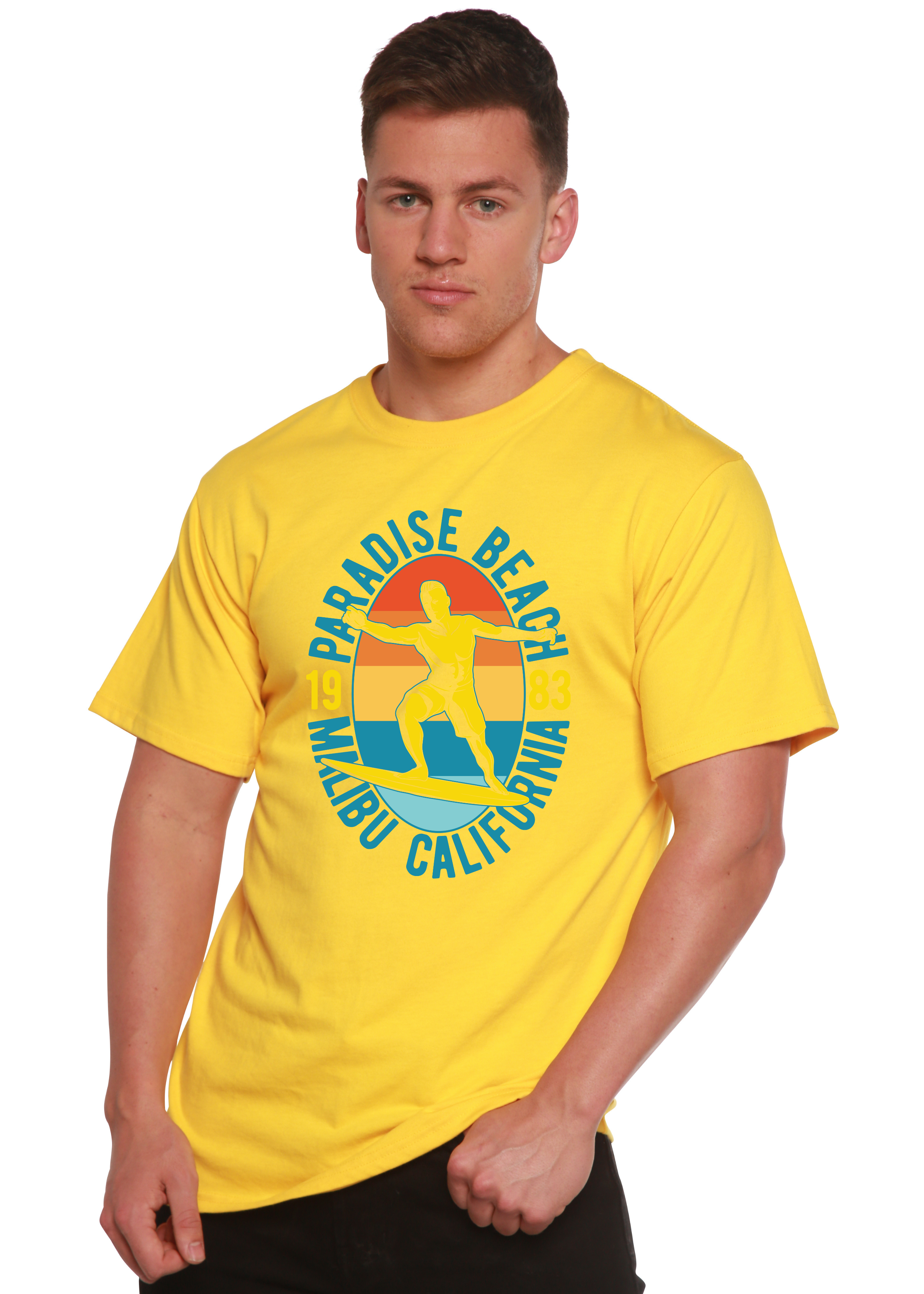 Camiseta gráfica de manga corta de bambú/algodón orgánico Paradise Beach 1983 para hombre