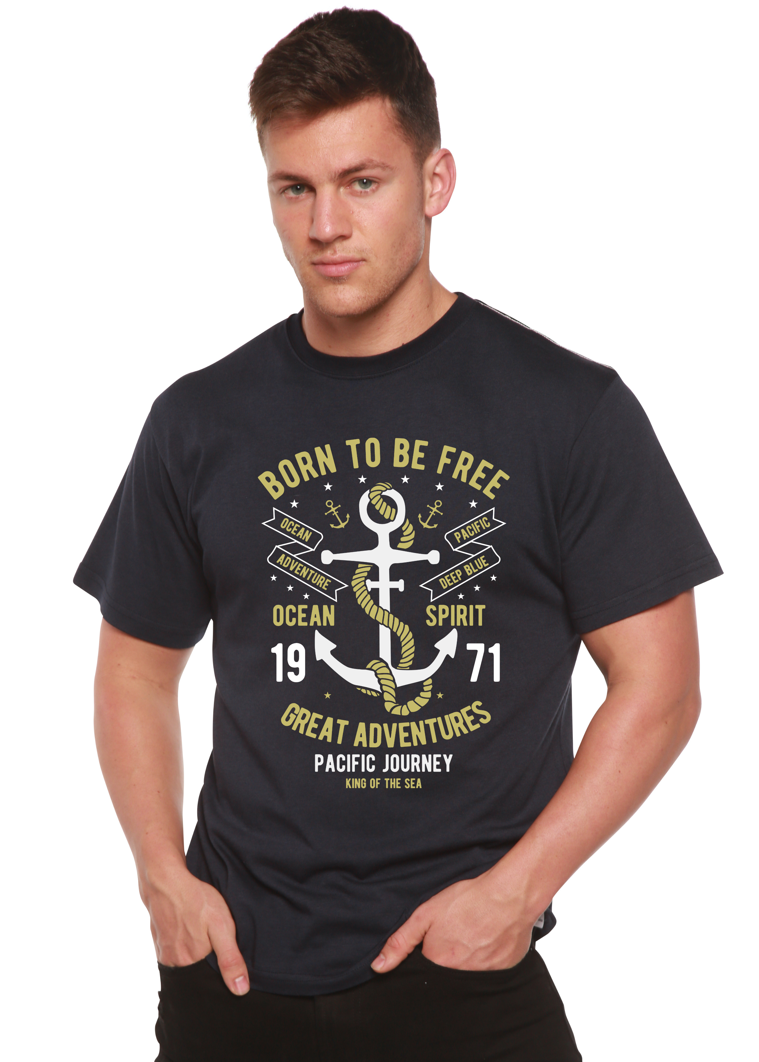 Camiseta de manga corta para hombre de bambú viscosa/algodón orgánico con gráfico "Born To Be Free"