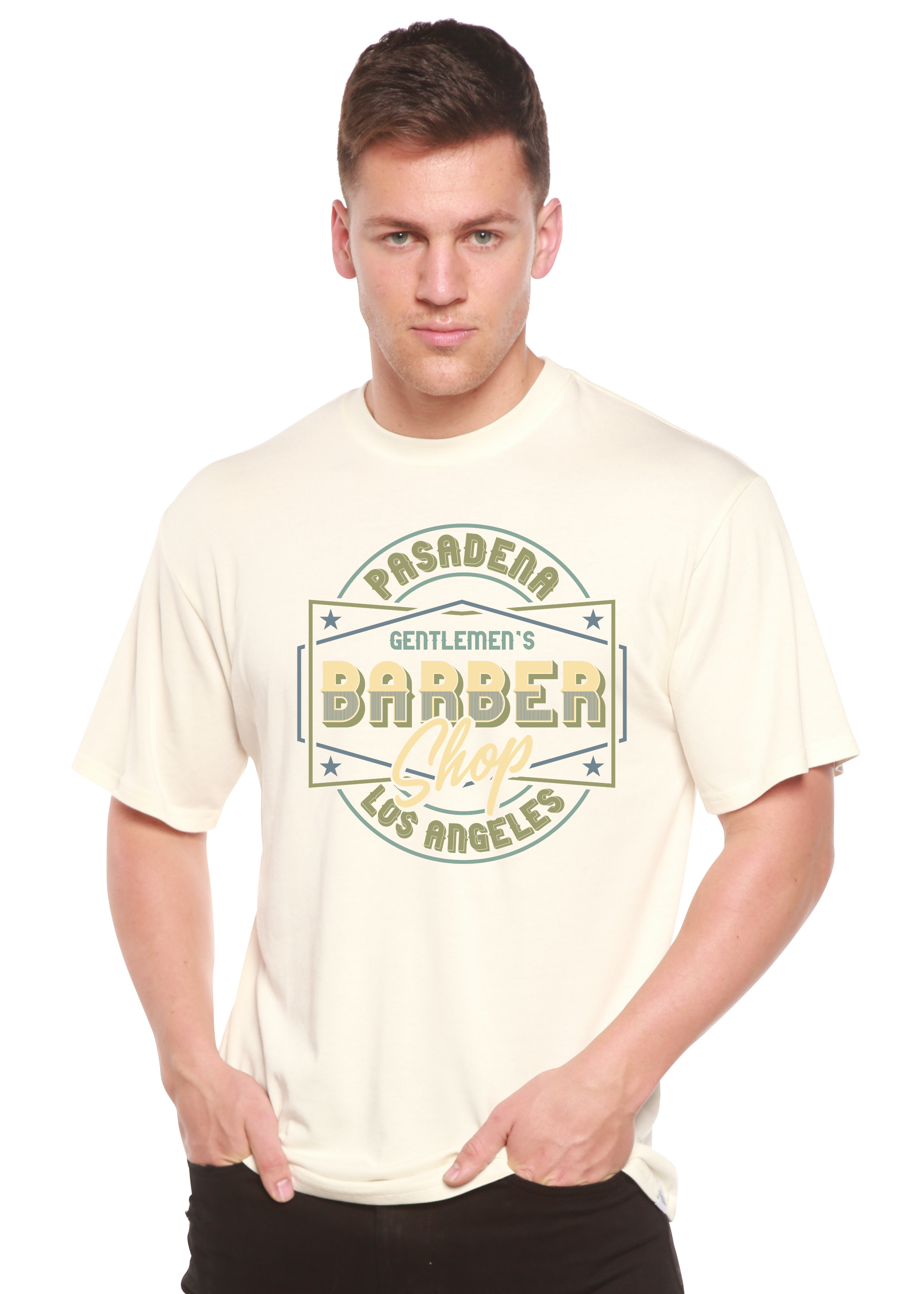 Camiseta gráfica de manga corta de viscosa de bambú y algodón orgánico para hombre de Gentlement's Barber Shop
