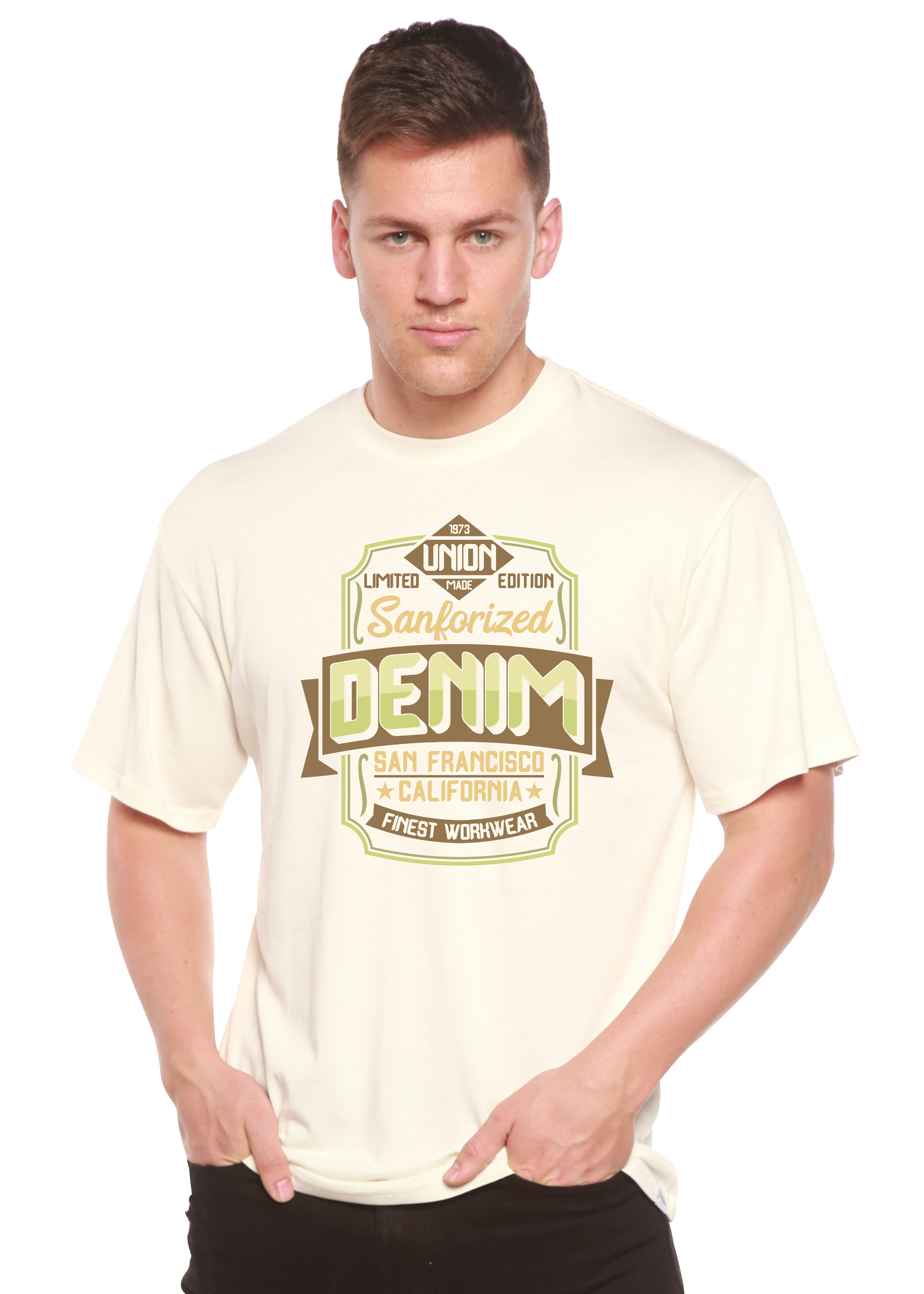 Camiseta gráfica de manga corta Sanforized Denim para hombre de viscosa de bambú/algodón orgánico
