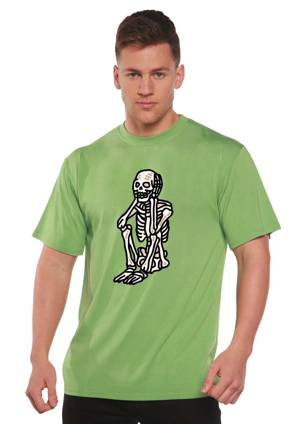 Camiseta gráfica de manga corta de bambú/algodón orgánico unisex de Halloween con esqueleto triste