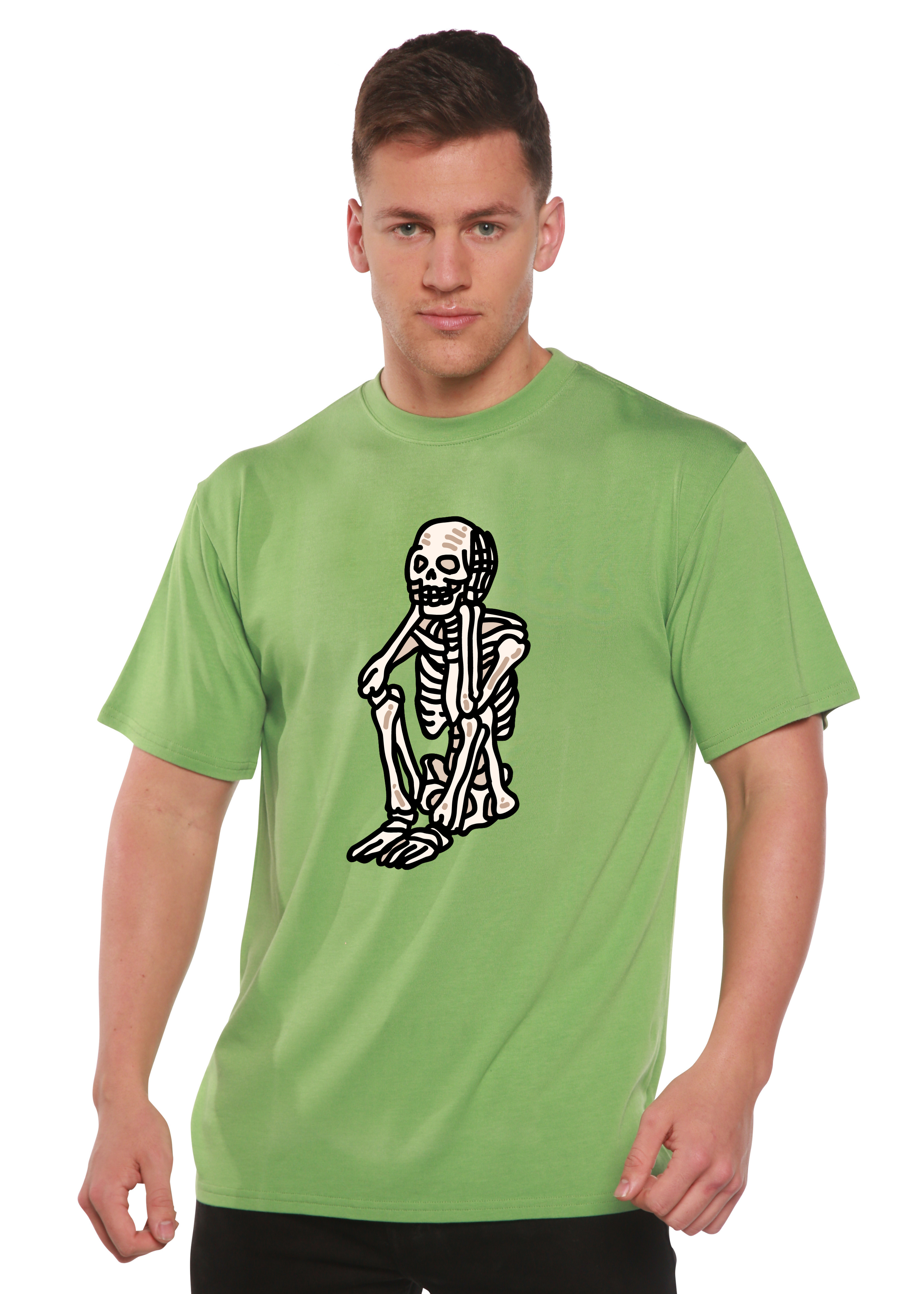 Camiseta gráfica de manga corta de bambú/algodón orgánico unisex de Halloween con esqueleto triste