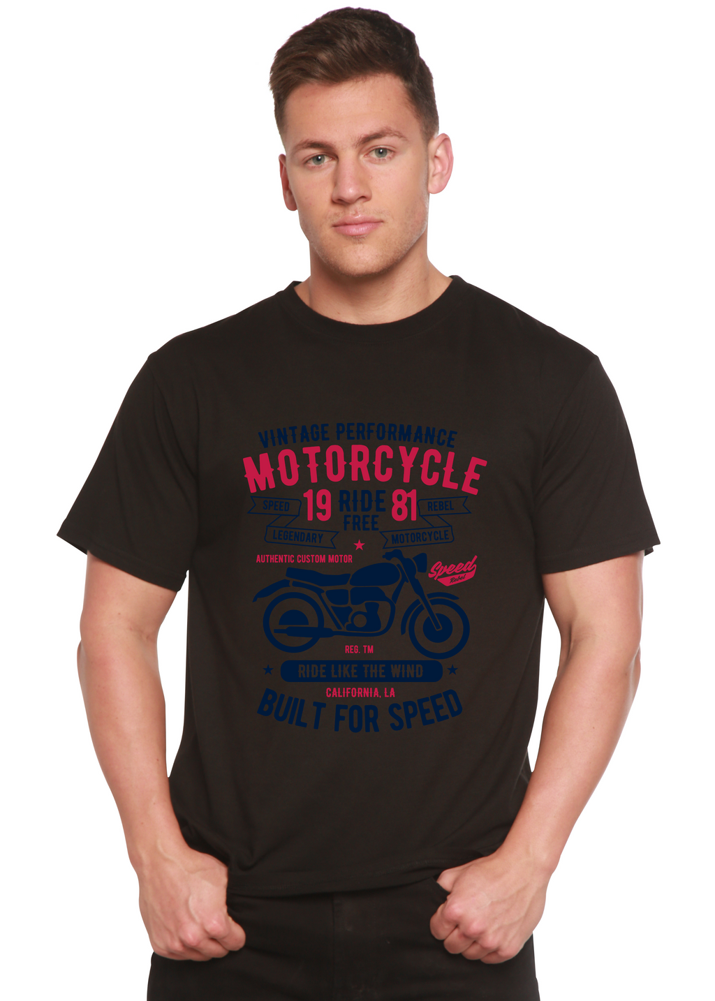 Camiseta gráfica de manga corta de bambú/algodón orgánico para hombre "Motociclista Libertad"