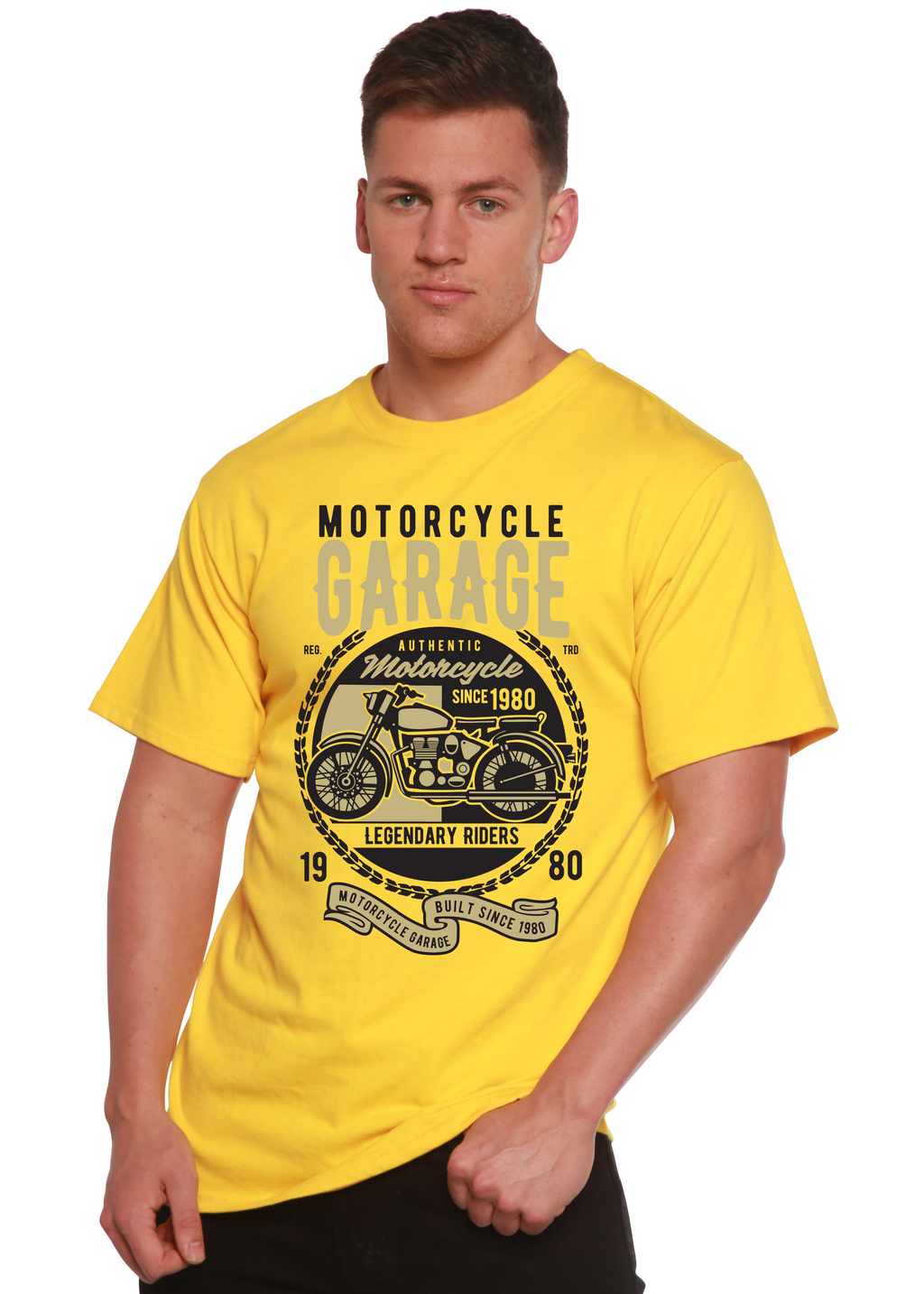 Camiseta gráfica de manga corta de viscosa de bambú y algodón orgánico para hombre "Motorcycle Garage"