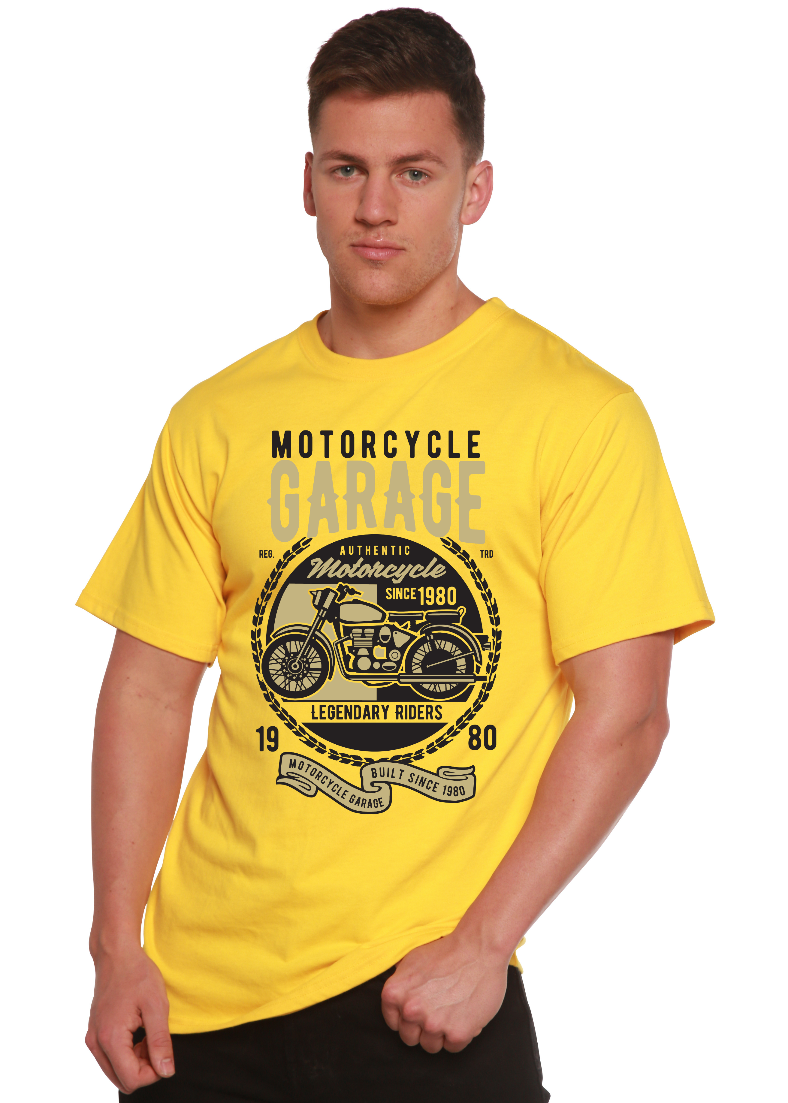 Camiseta gráfica de manga corta de viscosa de bambú y algodón orgánico para hombre "Motorcycle Garage"