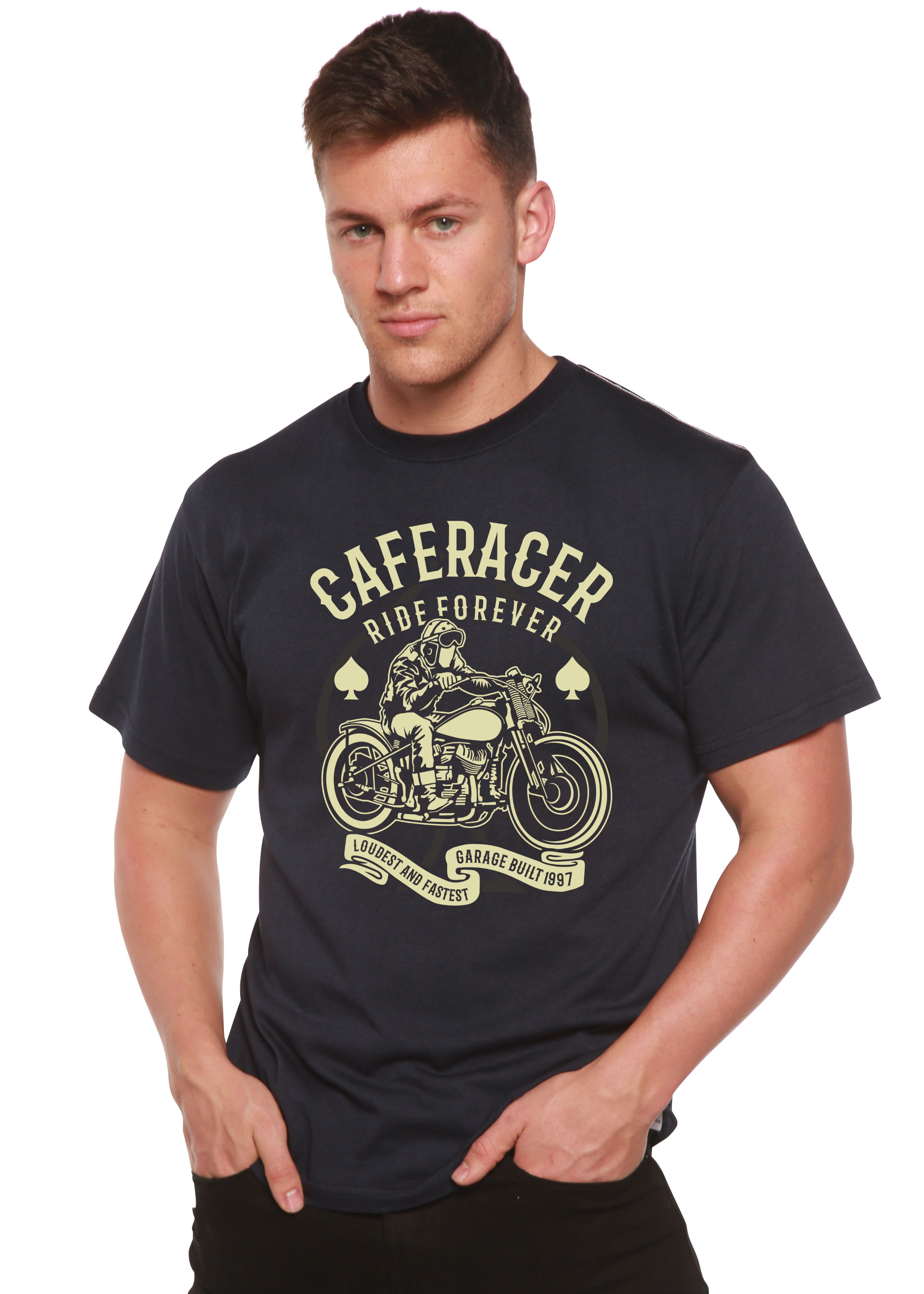 Camiseta gráfica de manga corta Caferacer Ride Forever de viscosa de bambú/algodón orgánico para hombre