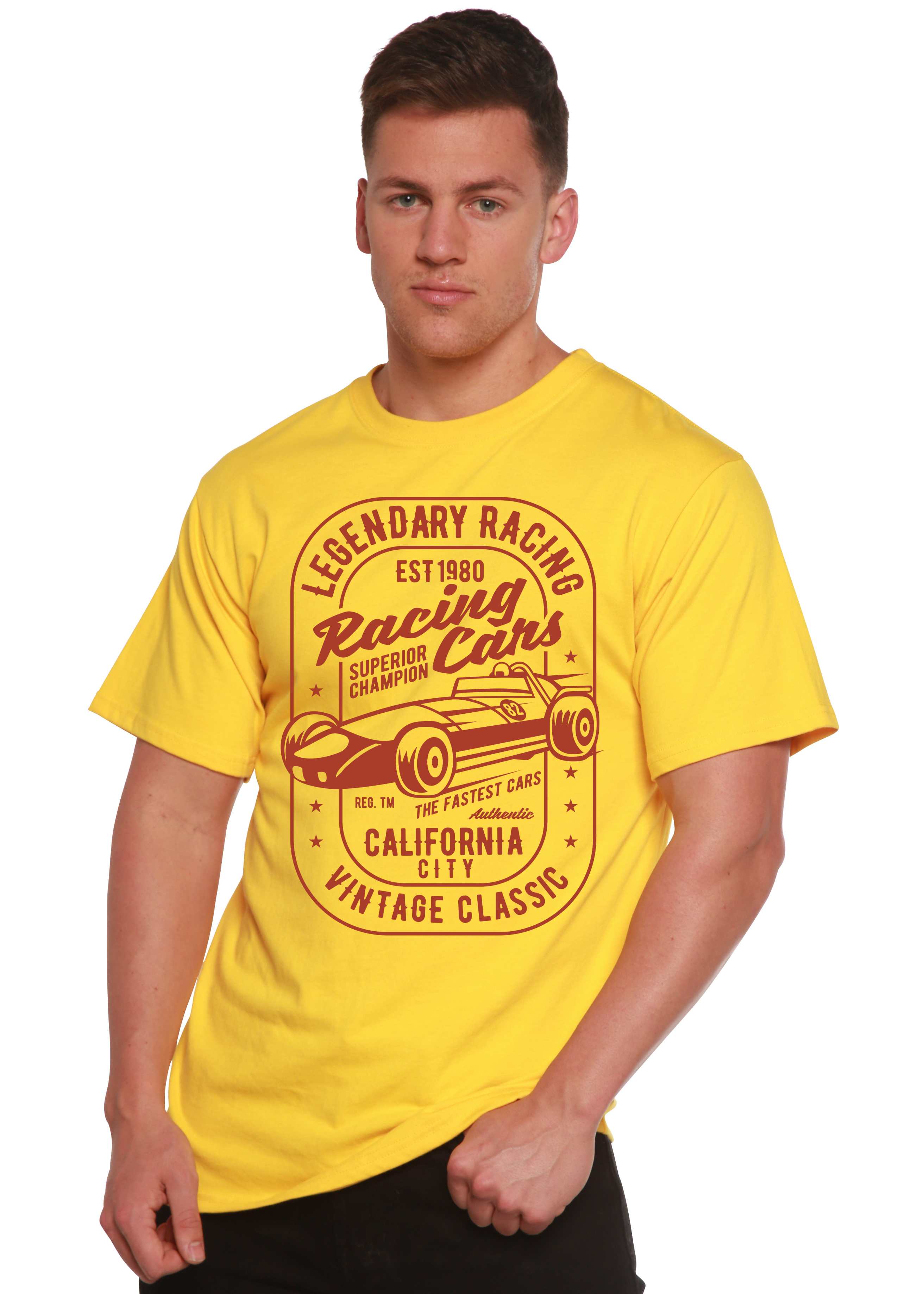 Camiseta gráfica de manga corta para hombre Legendary Racing Cars de bambú-viscosa/algodón orgánico