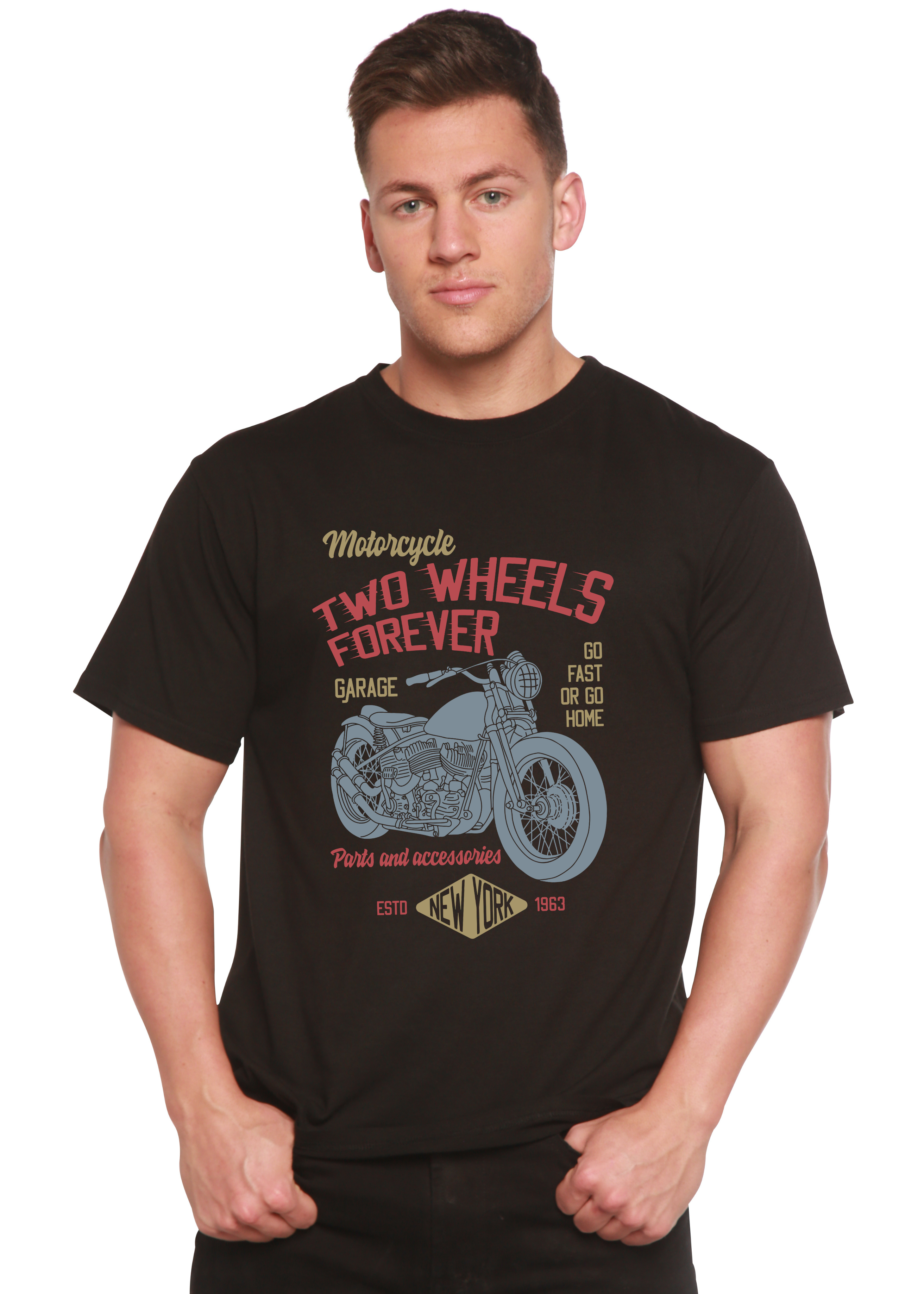 Camiseta gráfica de manga corta de viscosa de bambú/algodón orgánico "Two Wheels Forever" para hombre