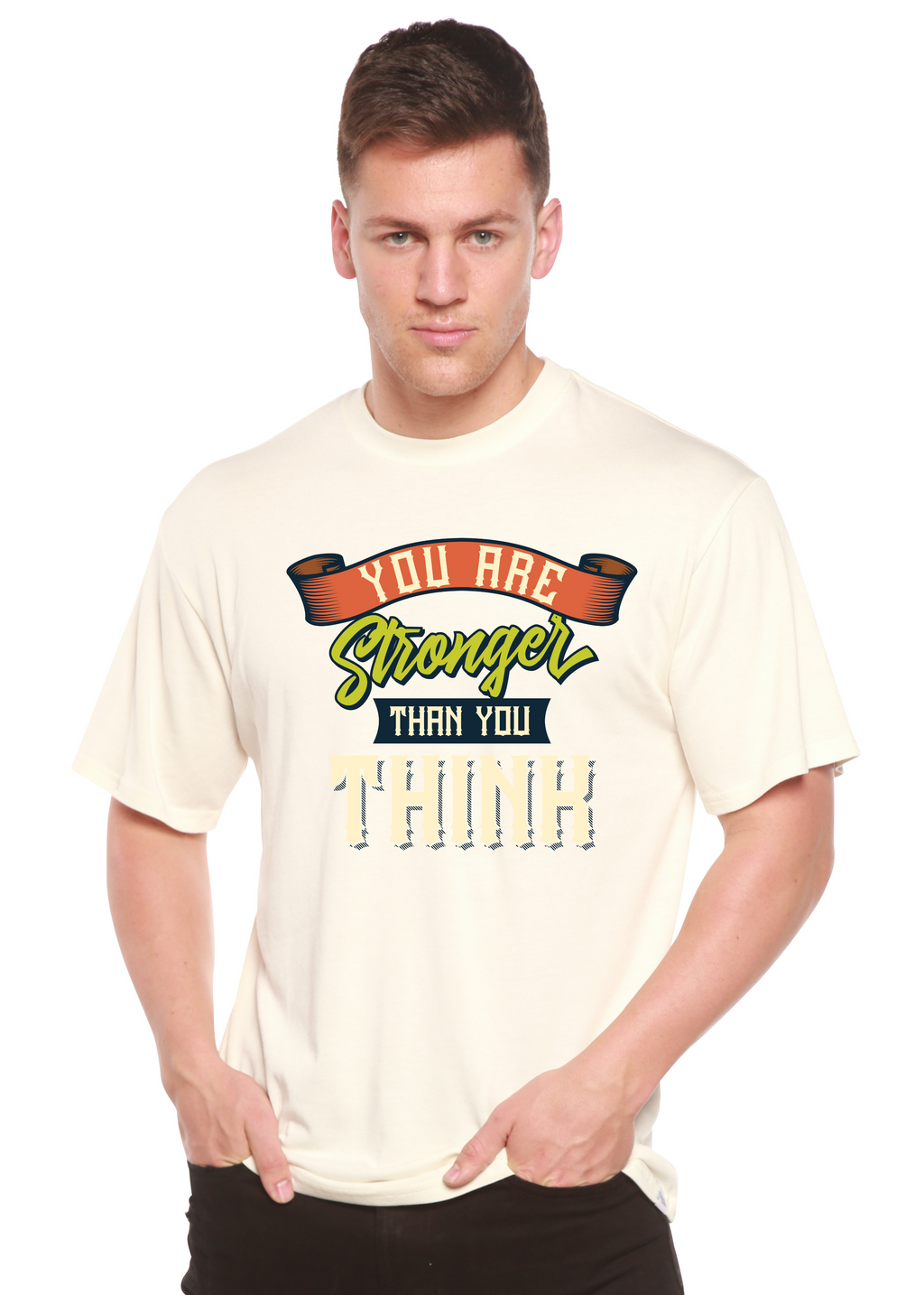 Camiseta gráfica de manga corta para hombre "Eres más fuerte de lo que piensas" de viscosa de bambú/algodón orgánico