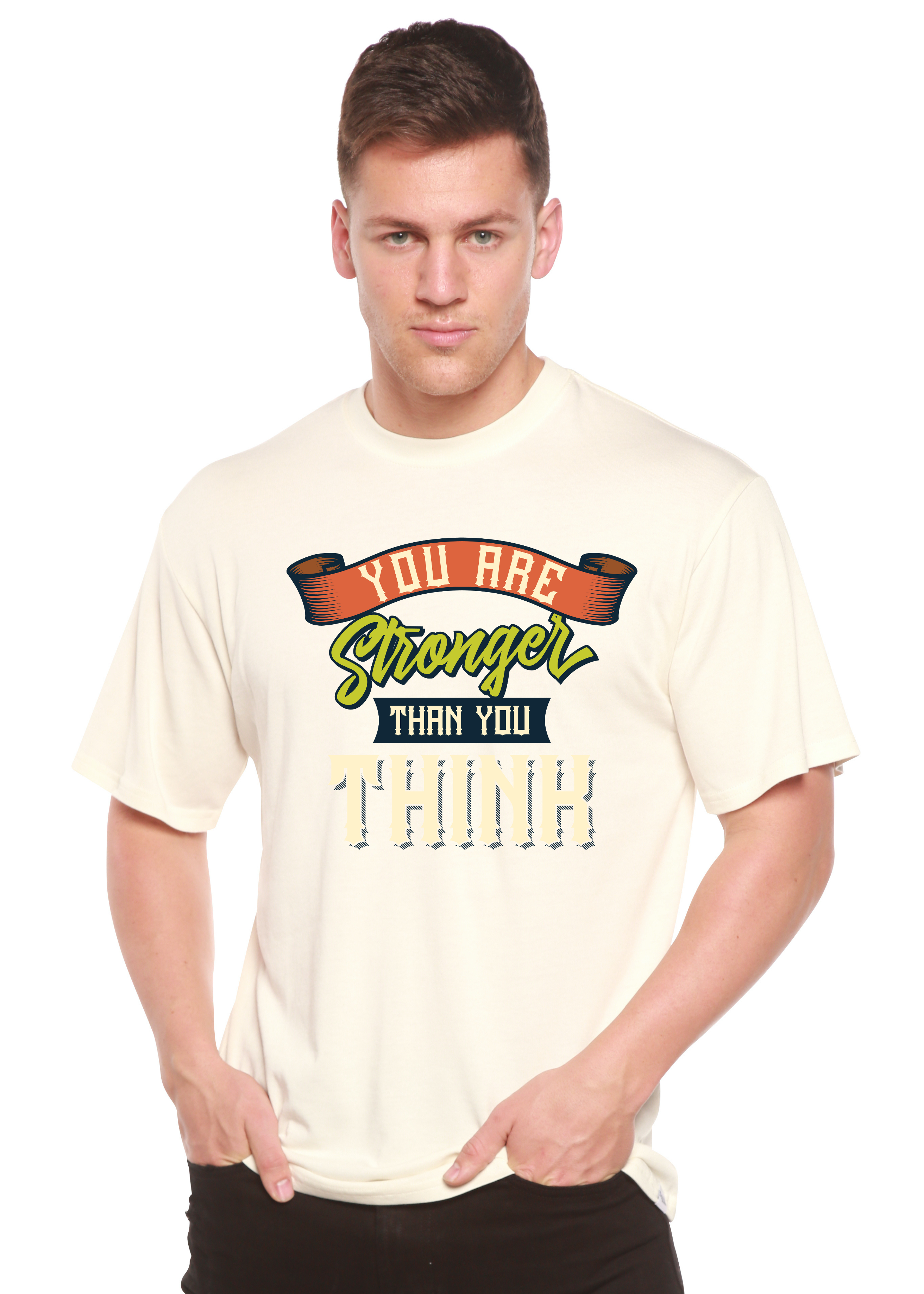 Camiseta gráfica de manga corta para hombre "Eres más fuerte de lo que piensas" de viscosa de bambú/algodón orgánico