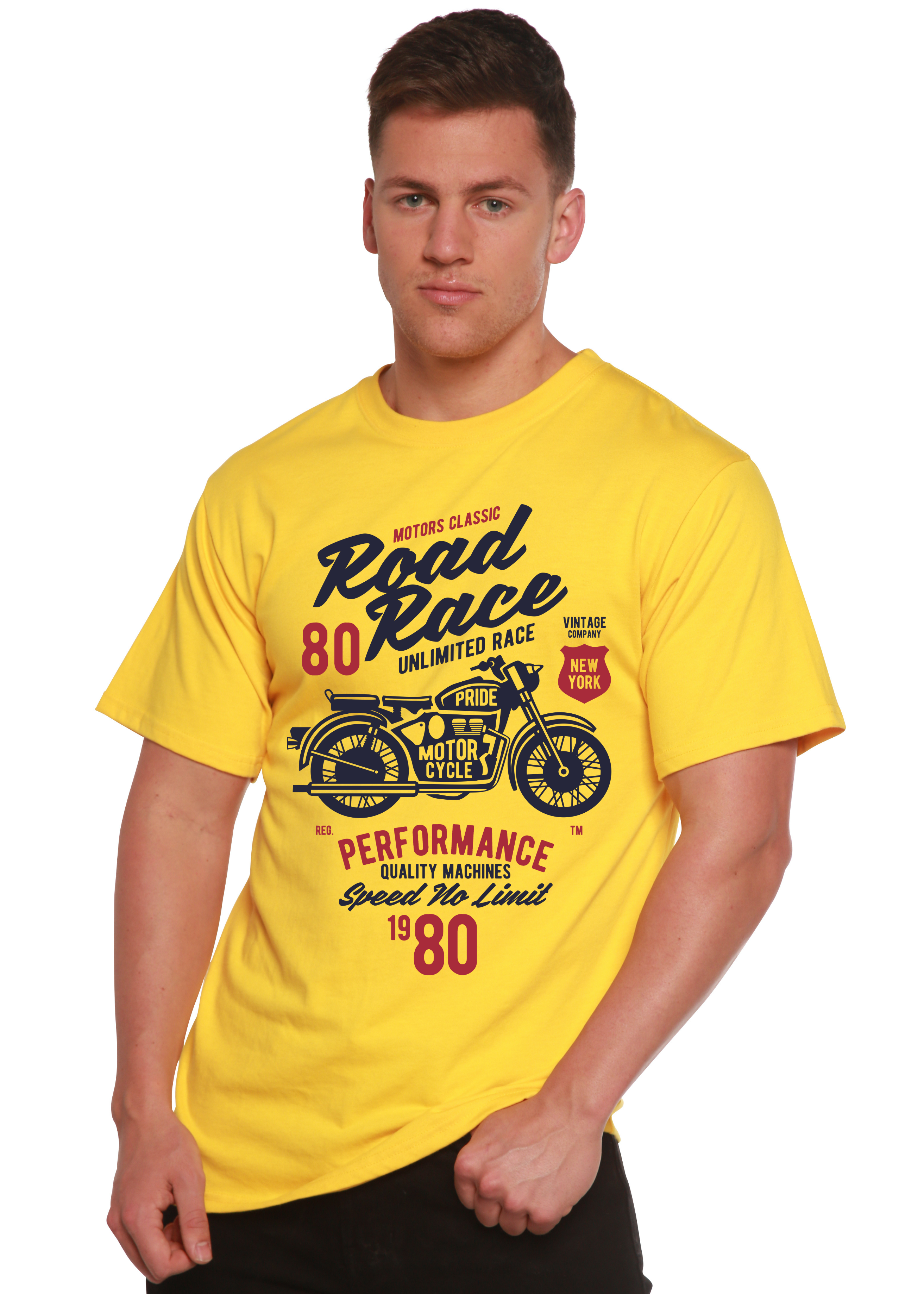 Camiseta gráfica de manga corta Spun Bamboo® de viscosa de bambú/algodón orgánico para hombre con motos de carrera