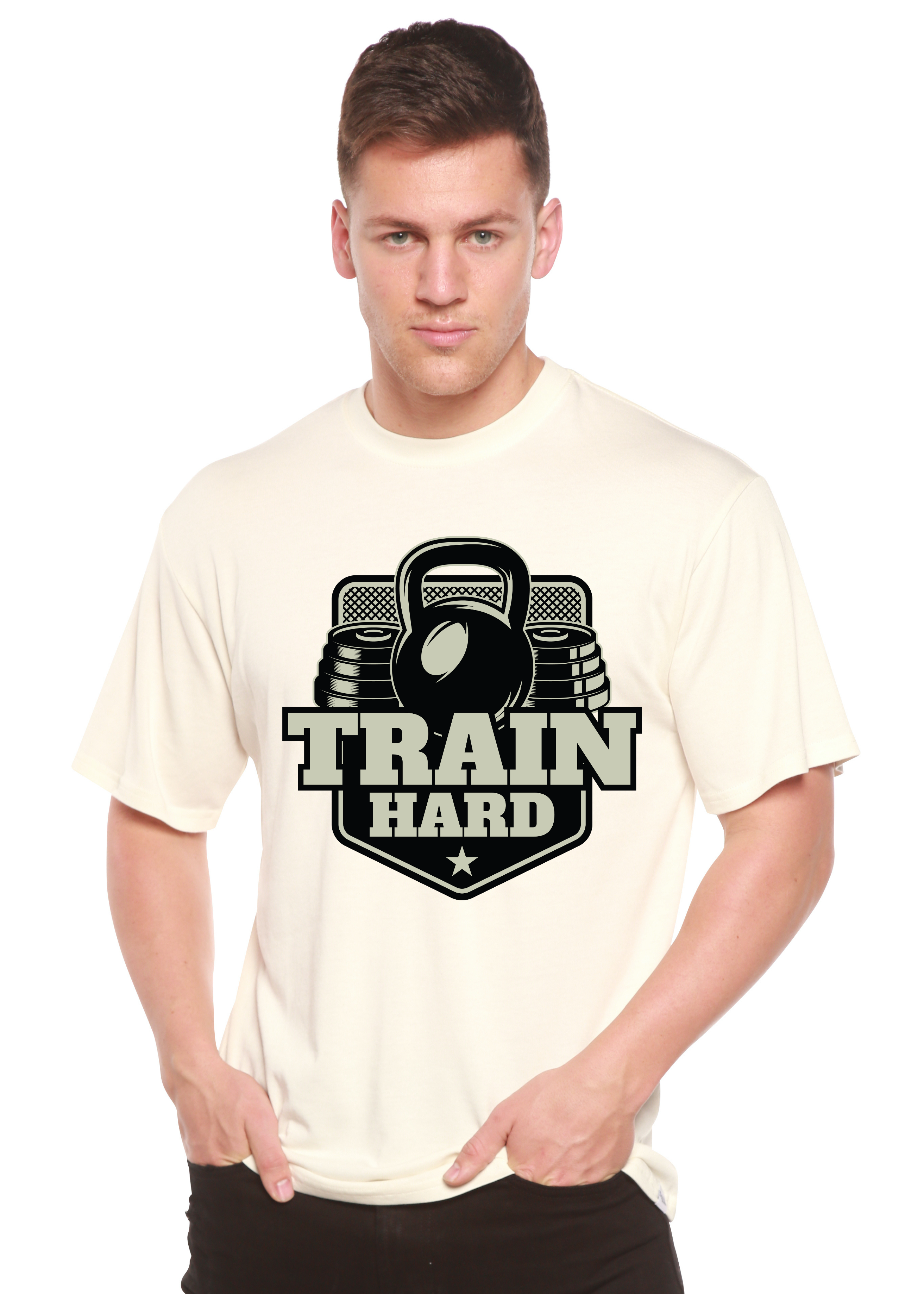 Camiseta gráfica de manga corta de bambú-viscosa/algodón orgánico para hombre "Entrena duro"
