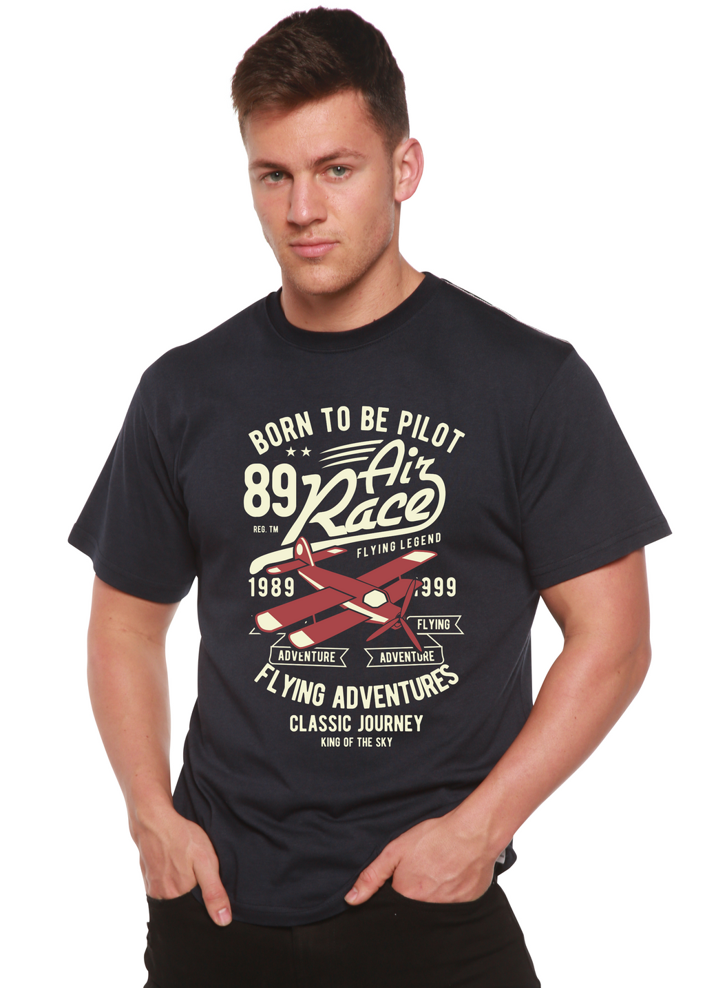 Camiseta gráfica de manga corta para hombre "Born To Be Pilot" de viscosa de bambú/algodón orgánico