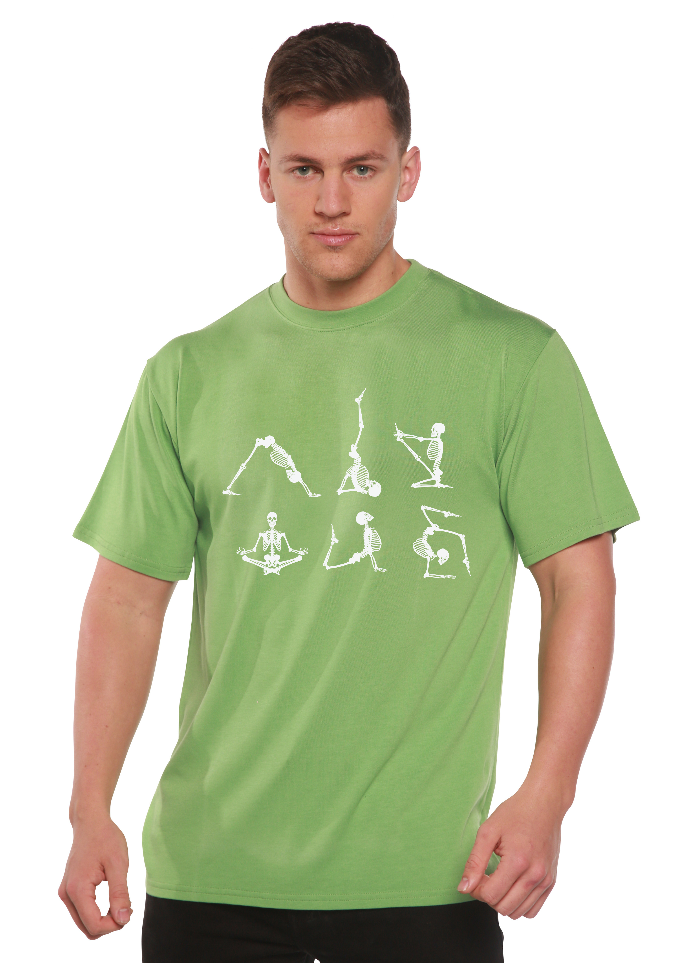 Camiseta gráfica de manga corta de bambú/algodón orgánico "Esqueleto de Halloween Namaste" para hombre