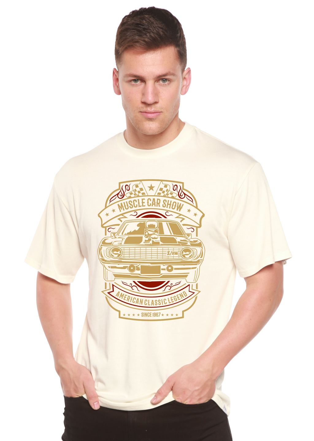 Camiseta gráfica de manga corta de bambú/algodón orgánico de viscosa de bambú Spun Bamboo® para hombre - Exposición de autos potentes