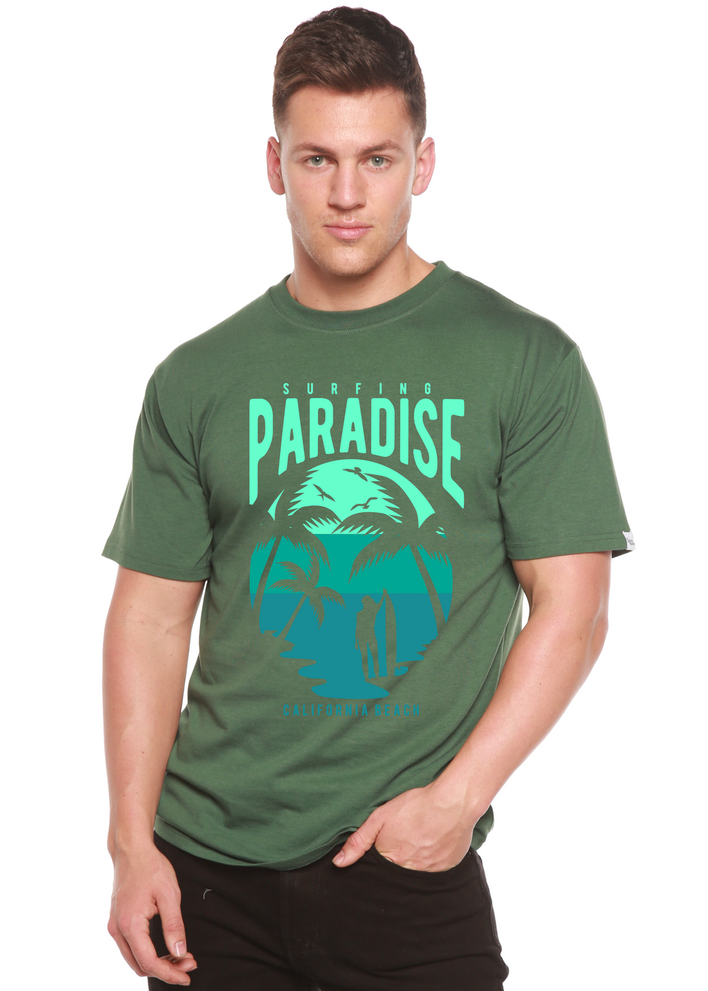 Camiseta gráfica de manga corta de viscosa de bambú y algodón orgánico para hombre Surfing Paradise California Spun Bamboo®