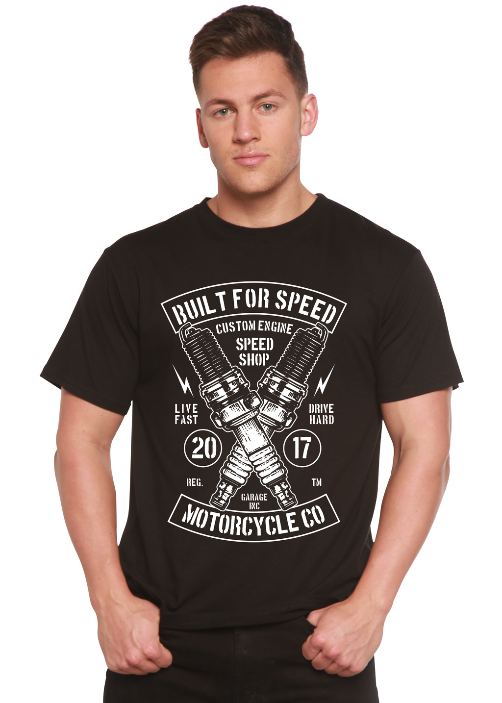 Camiseta gráfica de manga corta de viscosa de bambú/algodón orgánico "Built For Speed" para hombre