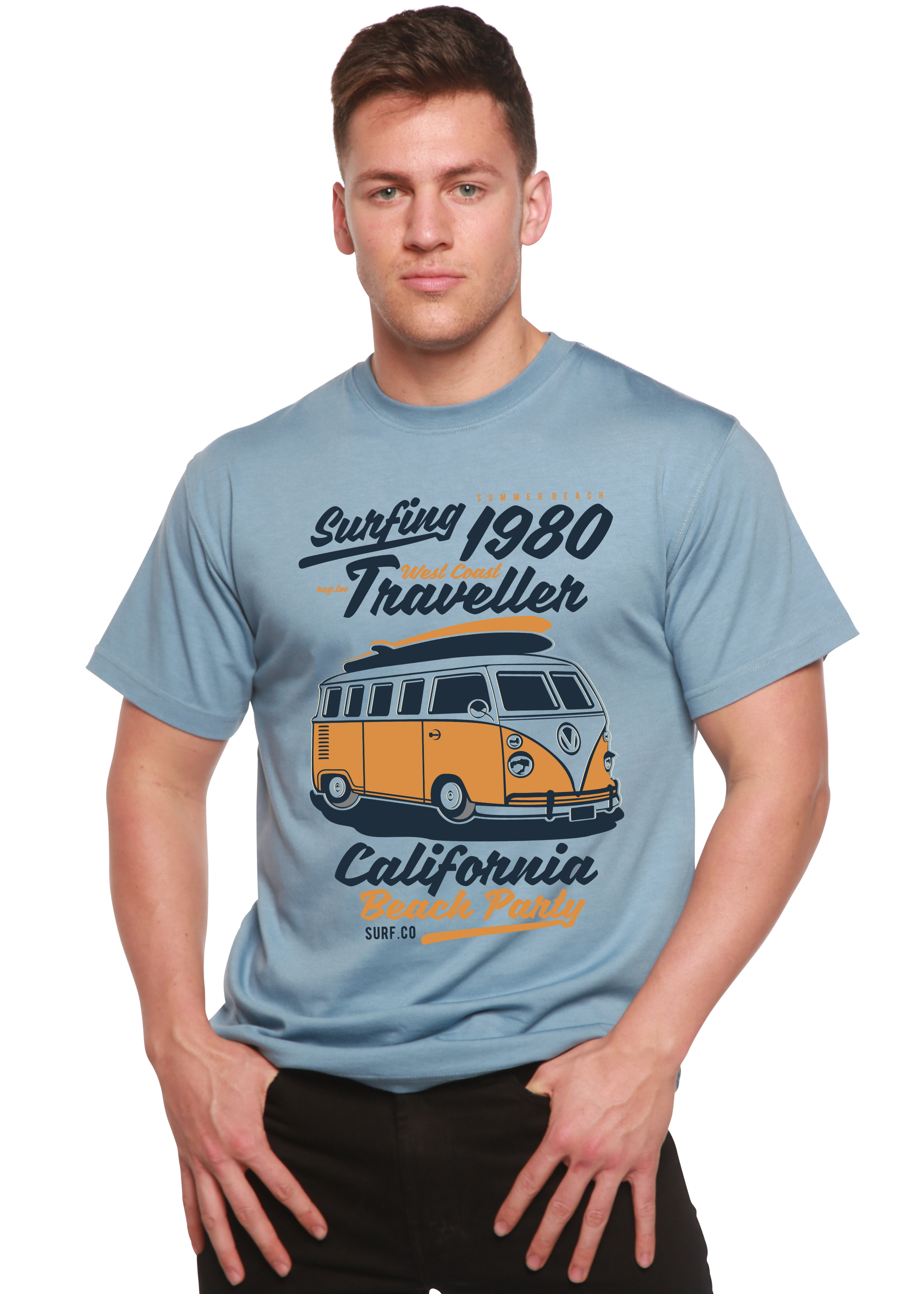 Camiseta gráfica de manga corta de viscosa de bambú/algodón orgánico para hombre Spun Bamboo® "Surfing 1980"