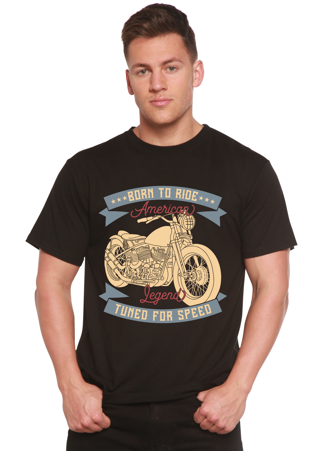 Camiseta gráfica de manga corta para hombre "Born To Ride American Legend" de bambú viscosa/algodón orgánico