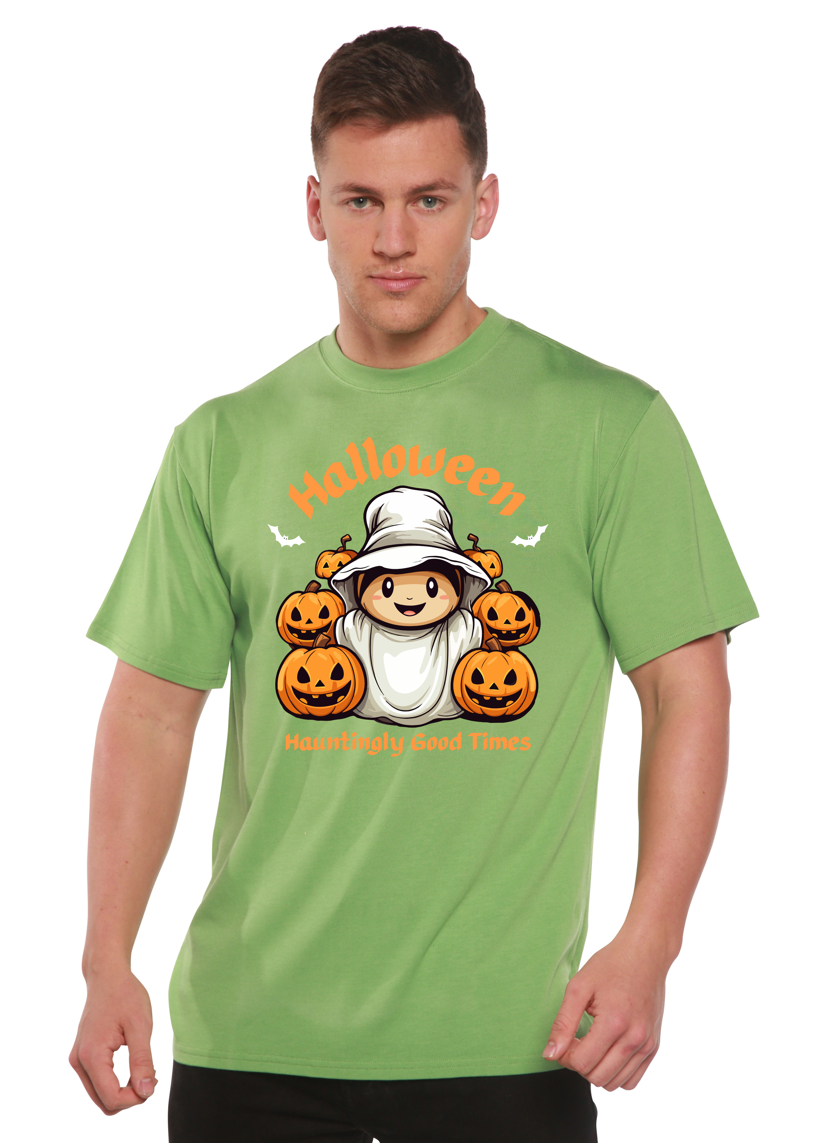 Camiseta gráfica de manga corta de bambú/algodón orgánico para hombre "Halloween Hauntingly Good Times Day"