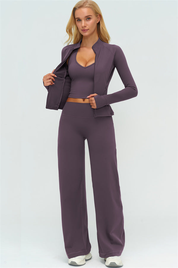 El conjunto de 3 piezas de chaqueta Twirl con cremallera, top halter y pantalones rectos nuevos