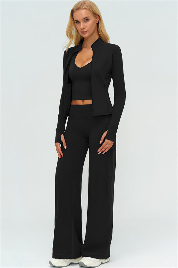 El conjunto de 3 piezas de chaqueta Twirl con cremallera, top halter y pantalones rectos nuevos