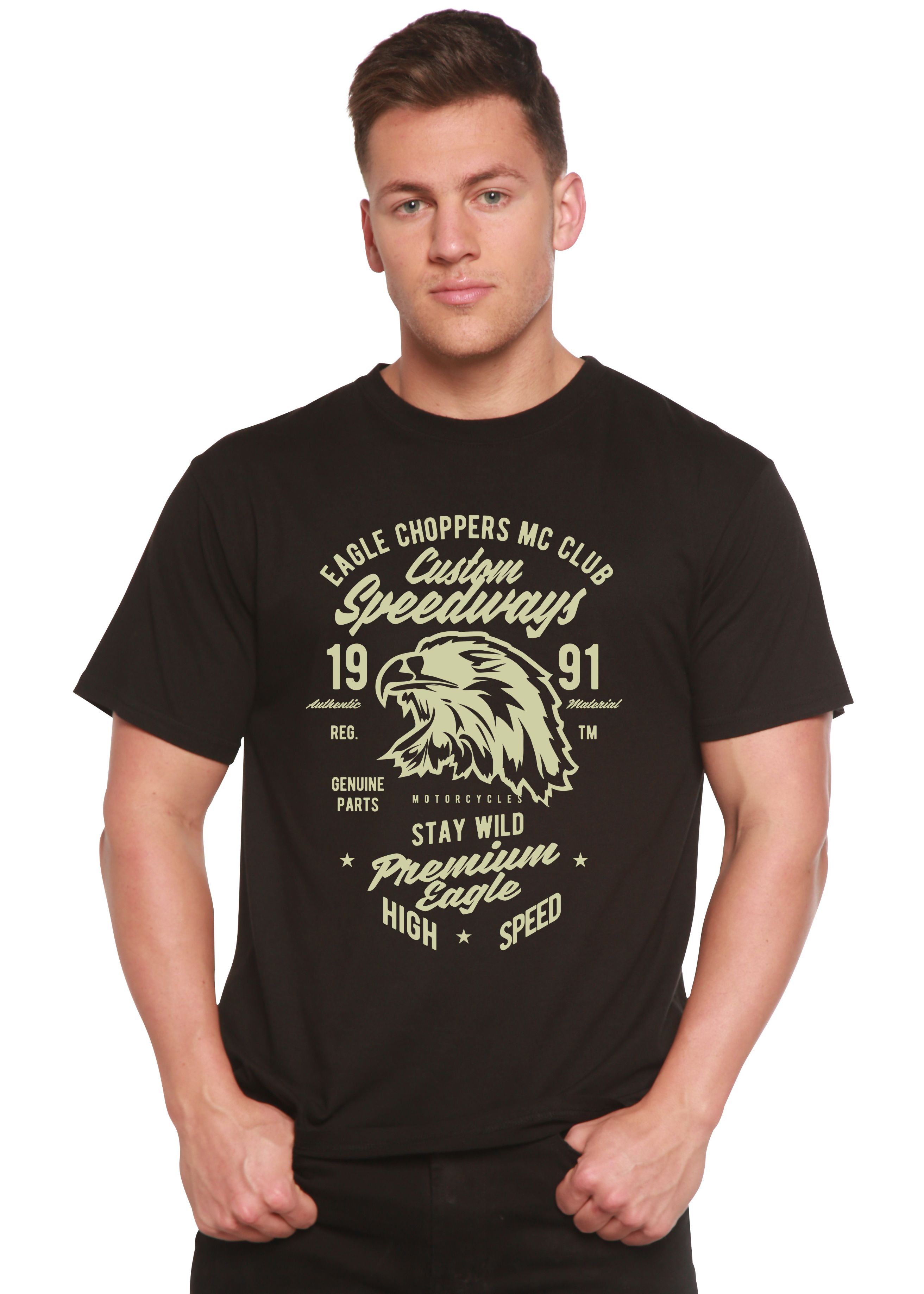 Camiseta de manga corta con gráfico Custom Speedways Premium Eagle de viscosa de bambú y algodón orgánico para hombre