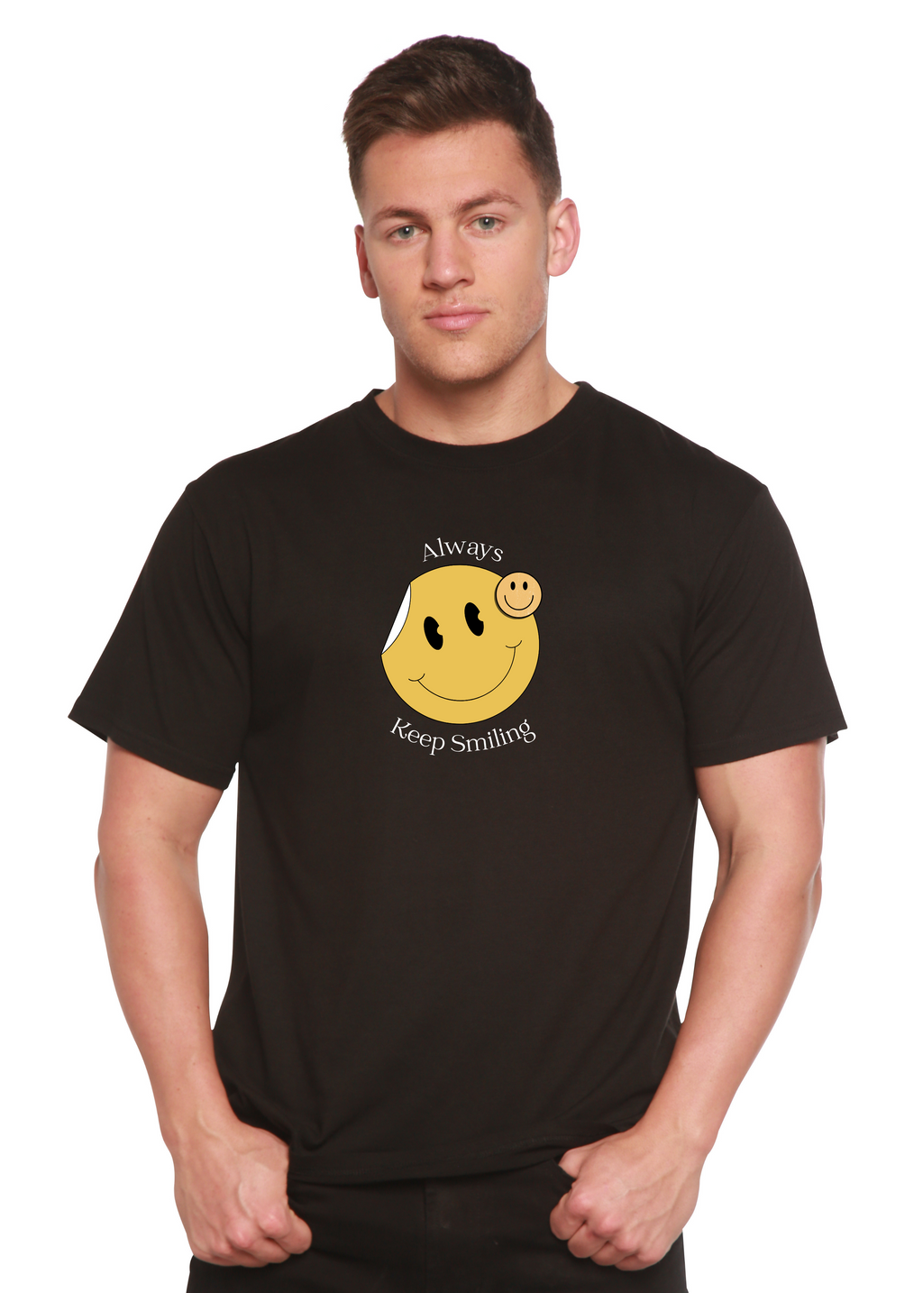 Camiseta gráfica de manga corta para hombre "Always Keep Smiling" de bambú viscosa/algodón orgánico
