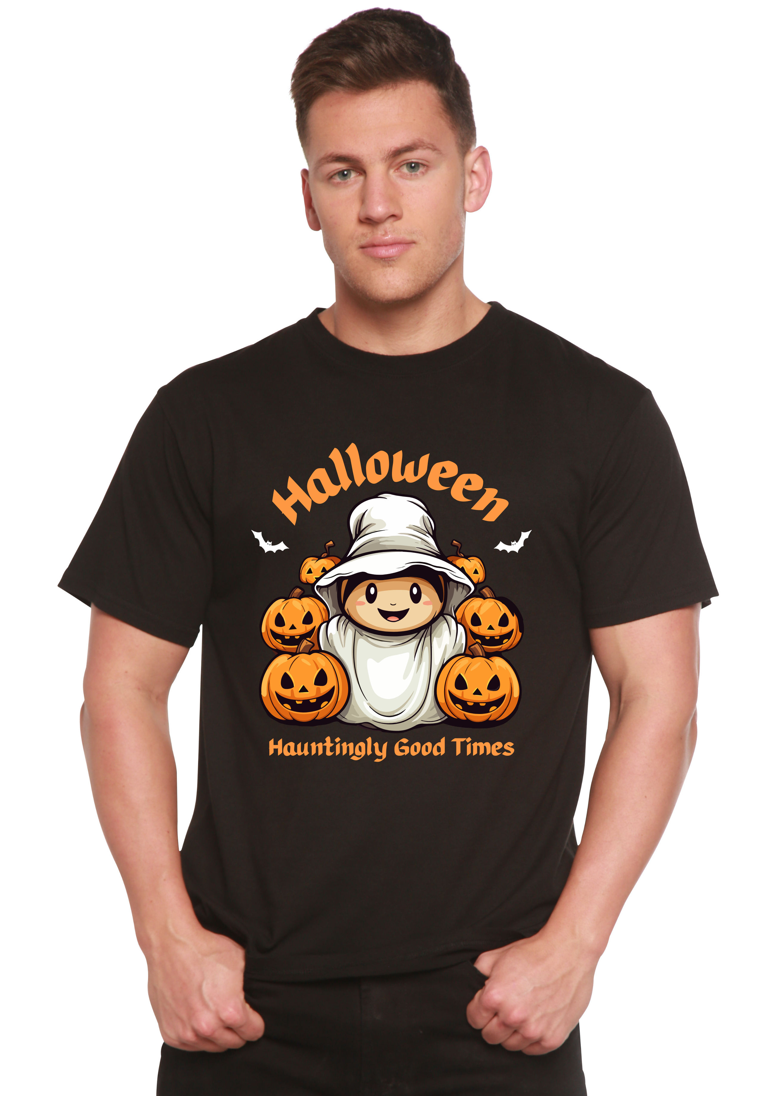 Camiseta gráfica de manga corta de bambú/algodón orgánico para hombre "Halloween Hauntingly Good Times Day"