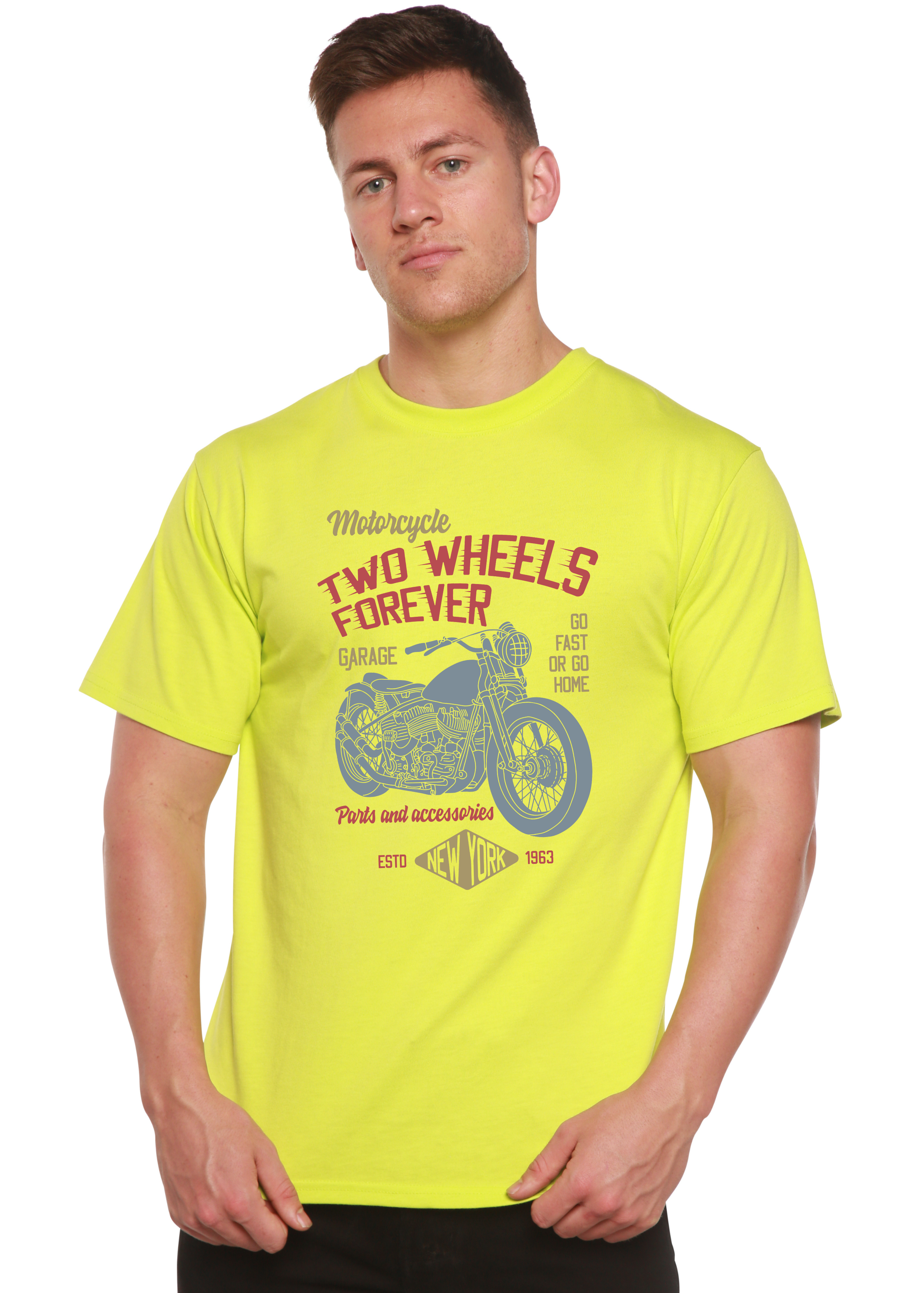 Camiseta gráfica de manga corta de viscosa de bambú/algodón orgánico "Two Wheels Forever" para hombre