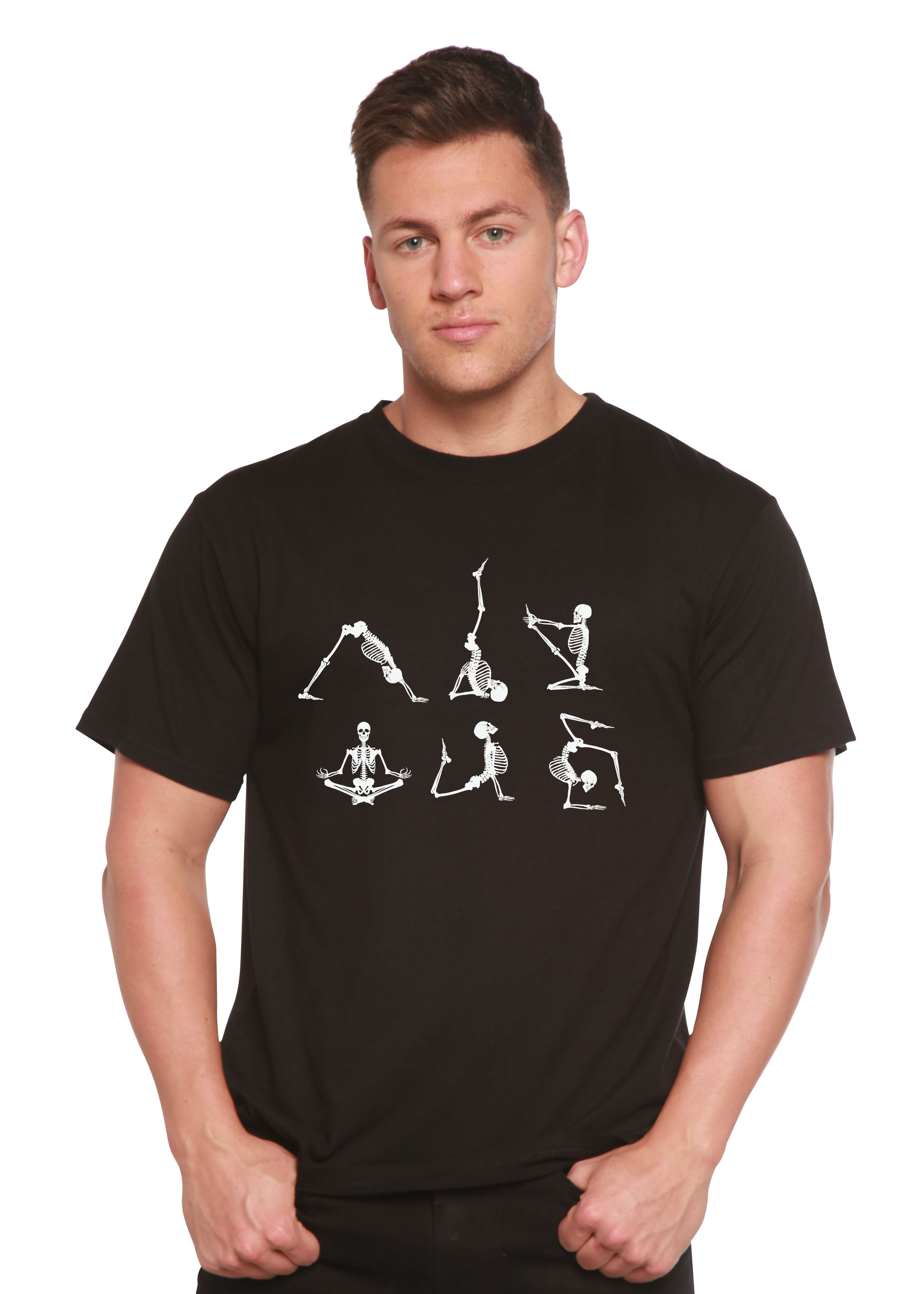 Camiseta gráfica de manga corta de bambú/algodón orgánico "Esqueleto de Halloween Namaste" para hombre