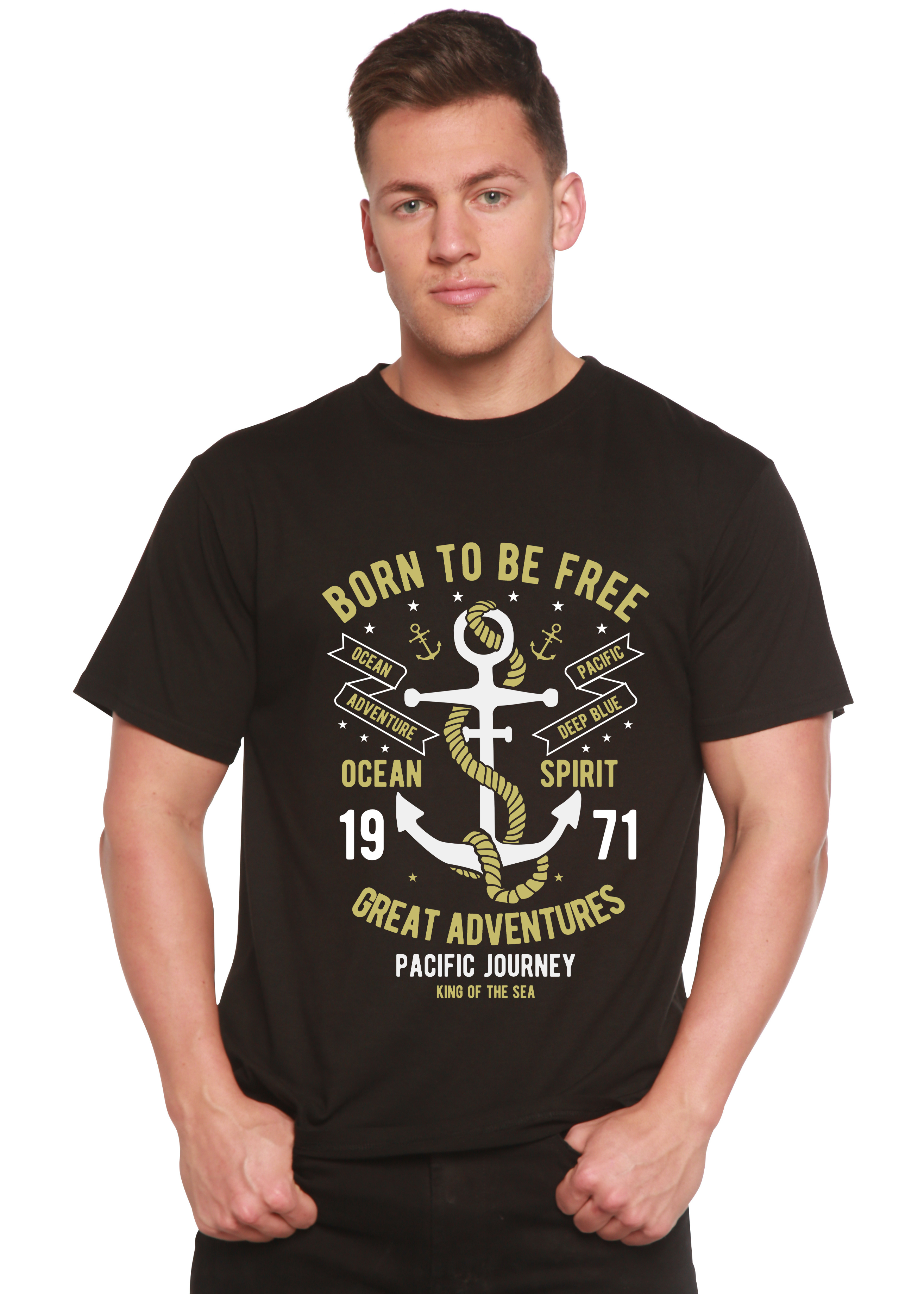 Camiseta de manga corta para hombre de bambú viscosa/algodón orgánico con gráfico "Born To Be Free"