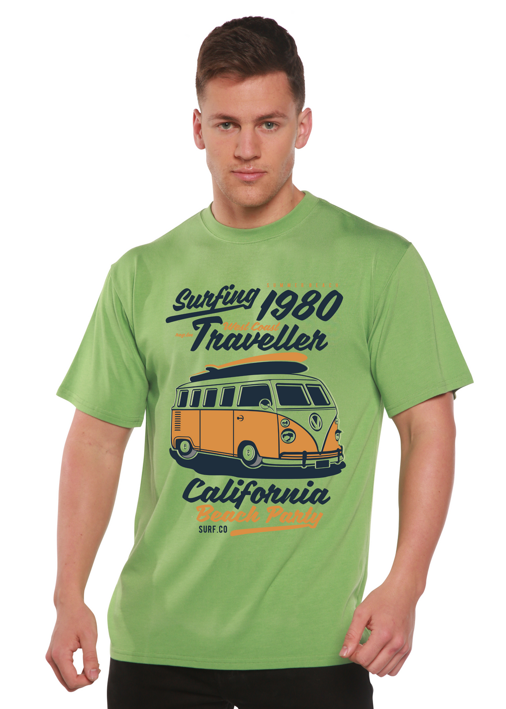 Camiseta gráfica de manga corta de viscosa de bambú/algodón orgánico para hombre Spun Bamboo® "Surfing 1980"