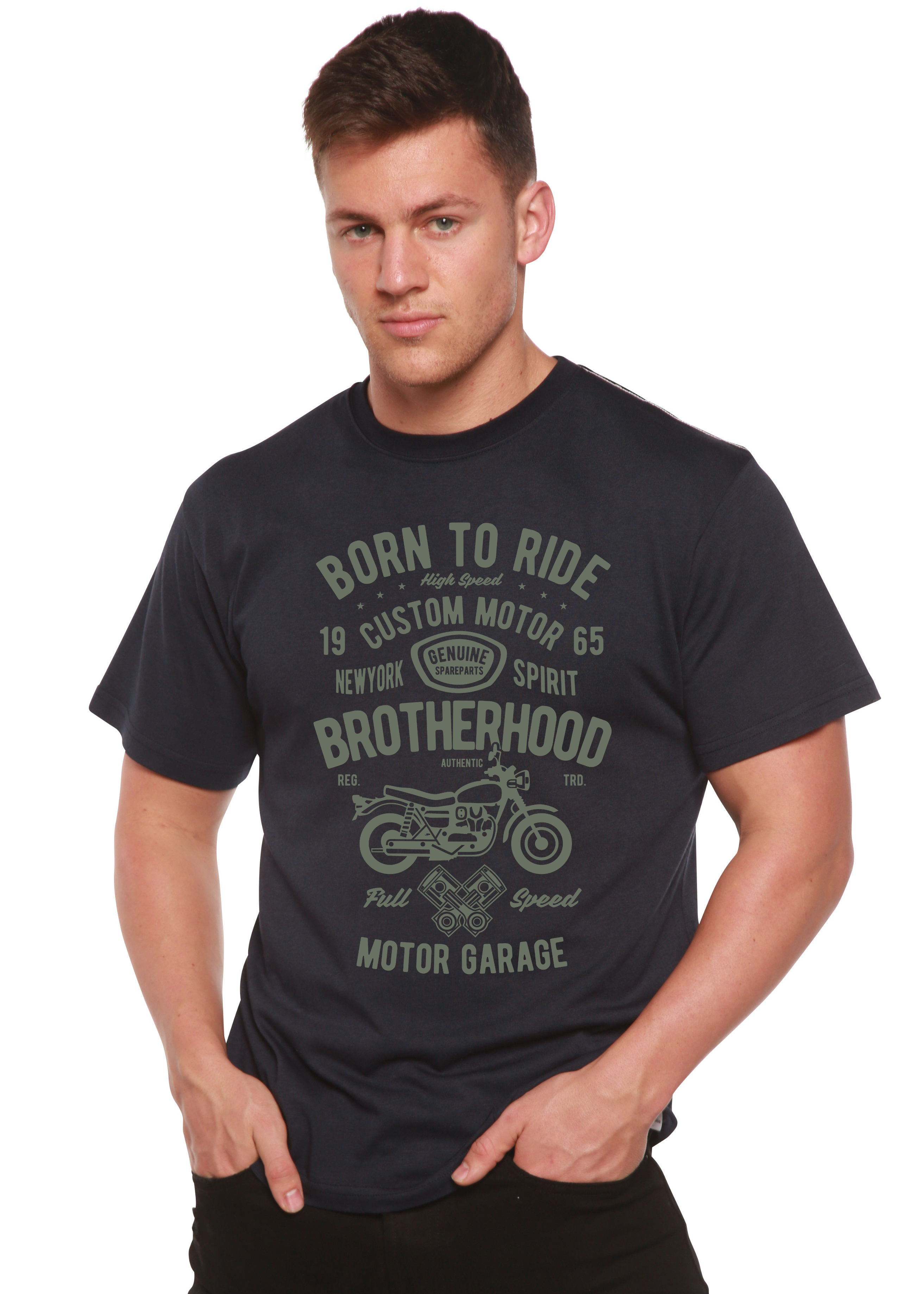 Camiseta gráfica de manga corta para hombre con viscosa de bambú/algodón orgánico "Hermandad Motera"