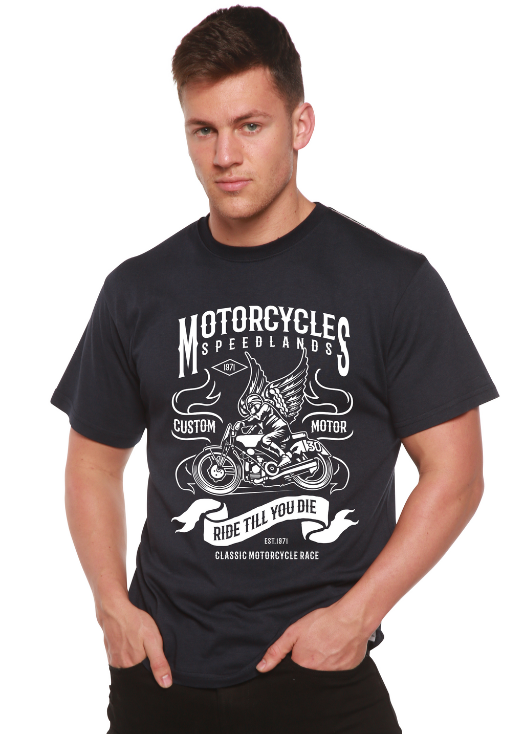 Motocicletas Camiseta de Manga Corta con Gráfico de Viscosa de Bambú/Algodón Orgánico para Hombre