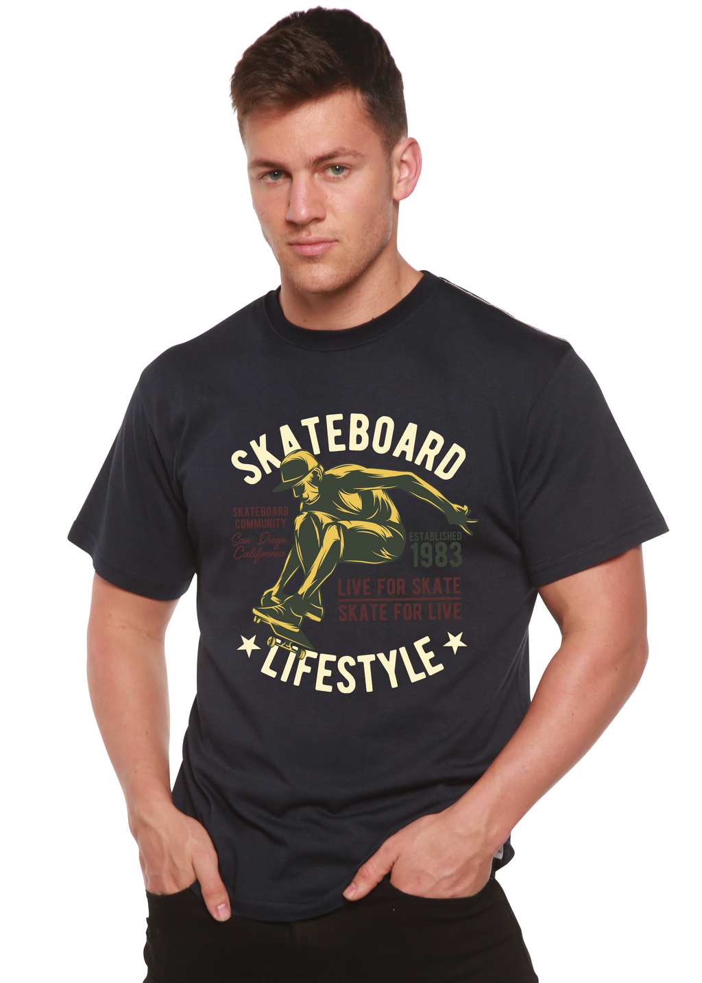Camiseta gráfica de manga corta de viscosa de bambú/algodón orgánico para hombre "Estilo Skater"