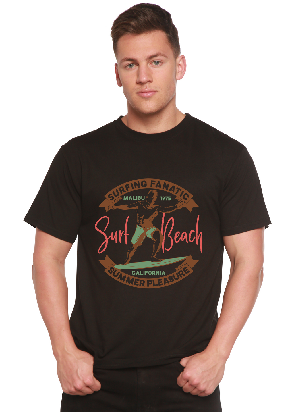 Camiseta gráfica de manga corta para hombre de Surf Beach de viscosa de bambú/algodón orgánico
