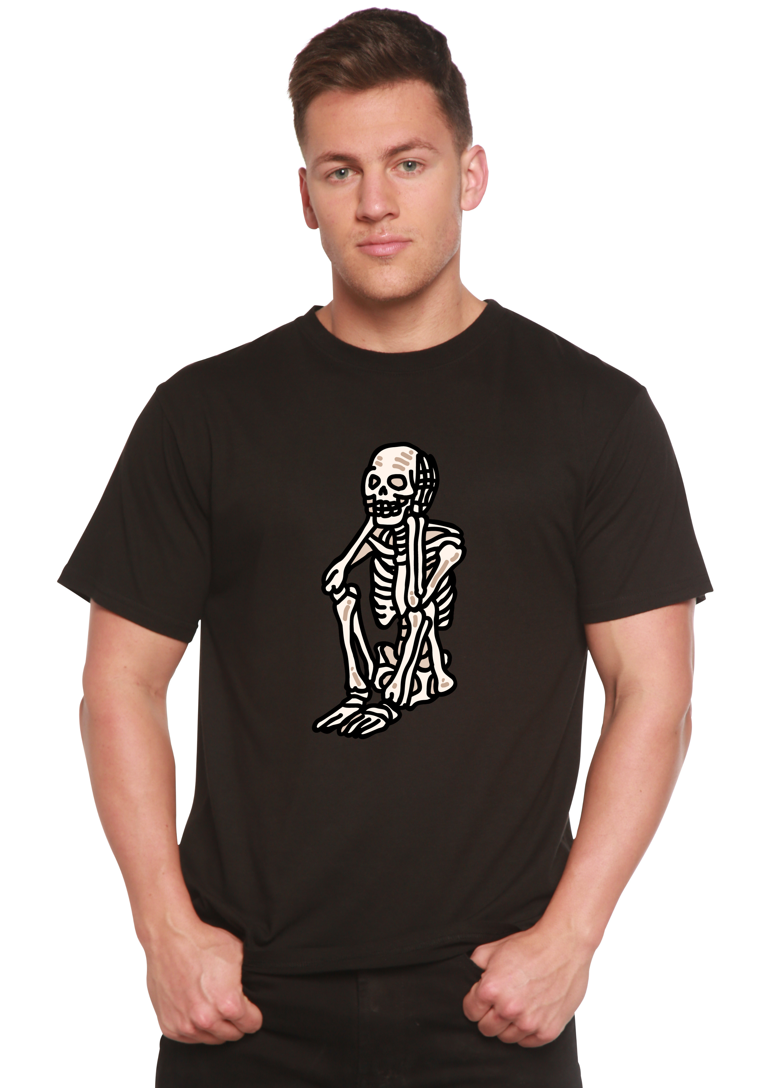 Camiseta gráfica de manga corta de bambú/algodón orgánico unisex de Halloween con esqueleto triste