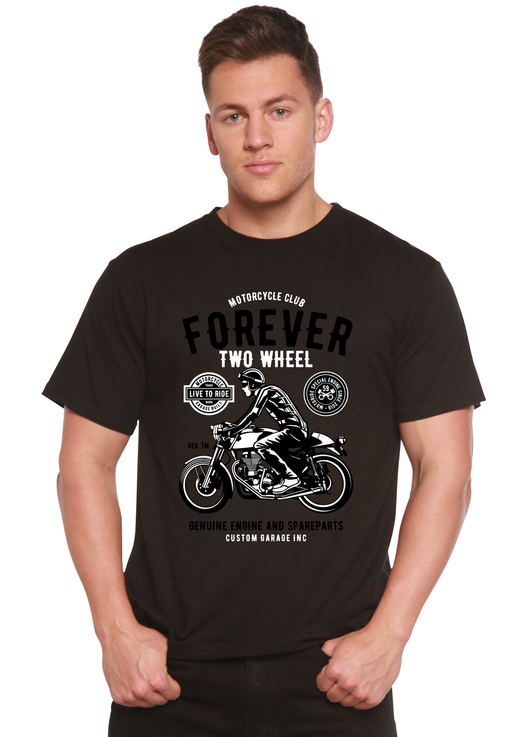 Camiseta gráfica de manga corta de viscosa de bambú/algodón orgánico Forever Two Wheel para hombre
