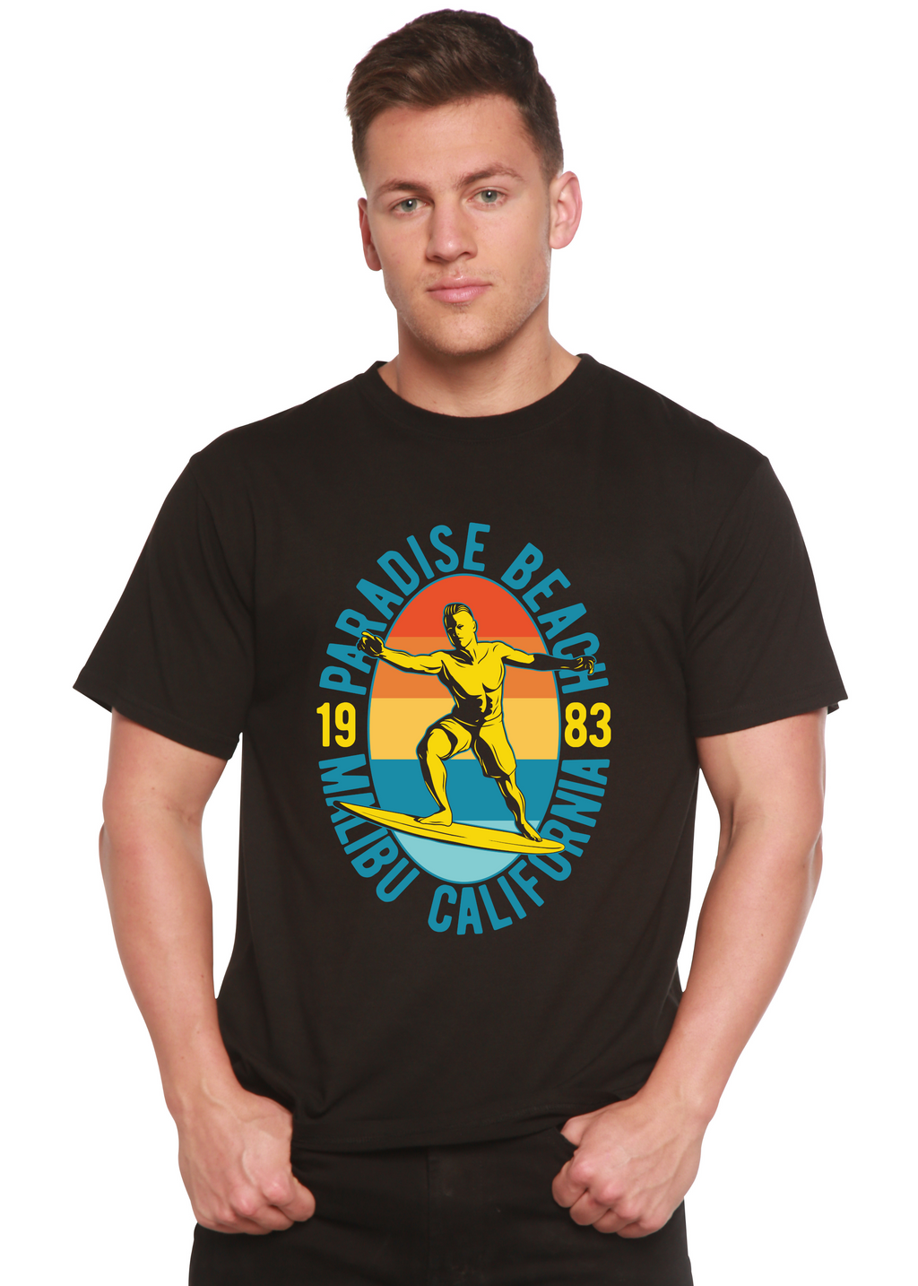 Camiseta gráfica de manga corta de bambú/algodón orgánico Paradise Beach 1983 para hombre